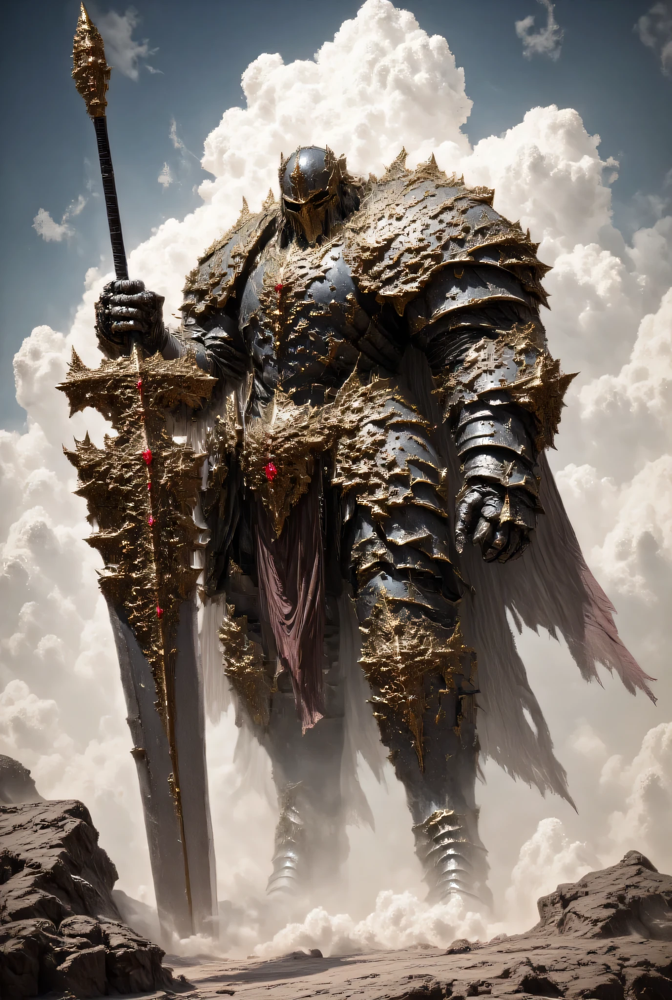Templario with heavy armor , big sword , Grabbed with both hands , with both hands while you nail it to the ground