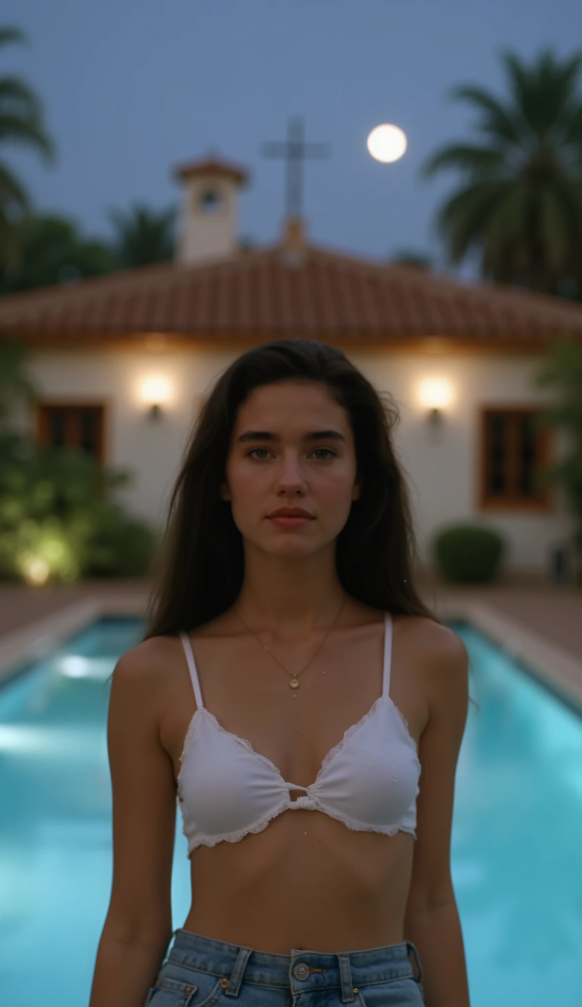 19-year-old woman illuminated by the moonlight , touching the hair, inside the illuminated pool , on the side of the house with orange roofs with palm trees, smiling slightly with just her lips, long straight wet brown hair , green eyes , white bikini, jeans, gold necklace, 4K, Full body