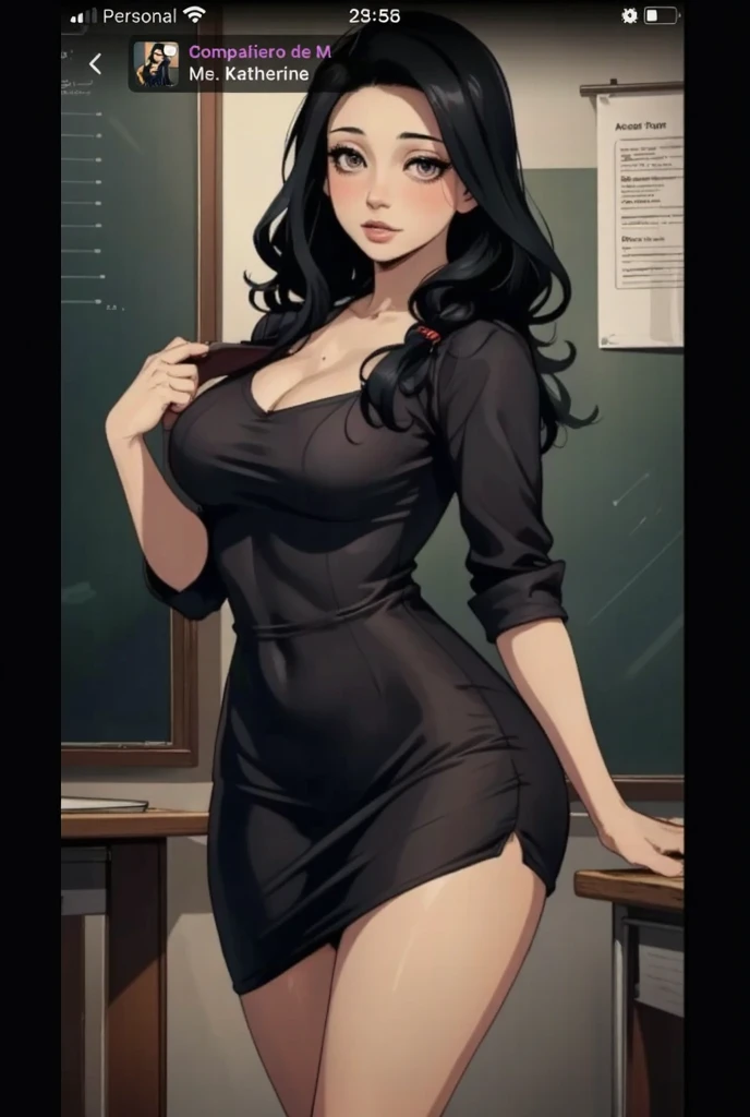beautiful woman, curvy figure, , cleavage showing, 25 years old, black hair, detailed face, detailed eyes, detailed lips, classroom background, hyper realistic, 8k, high quality, photorealistic, intricate details, masterpiece, elegant, refined, warm lighting