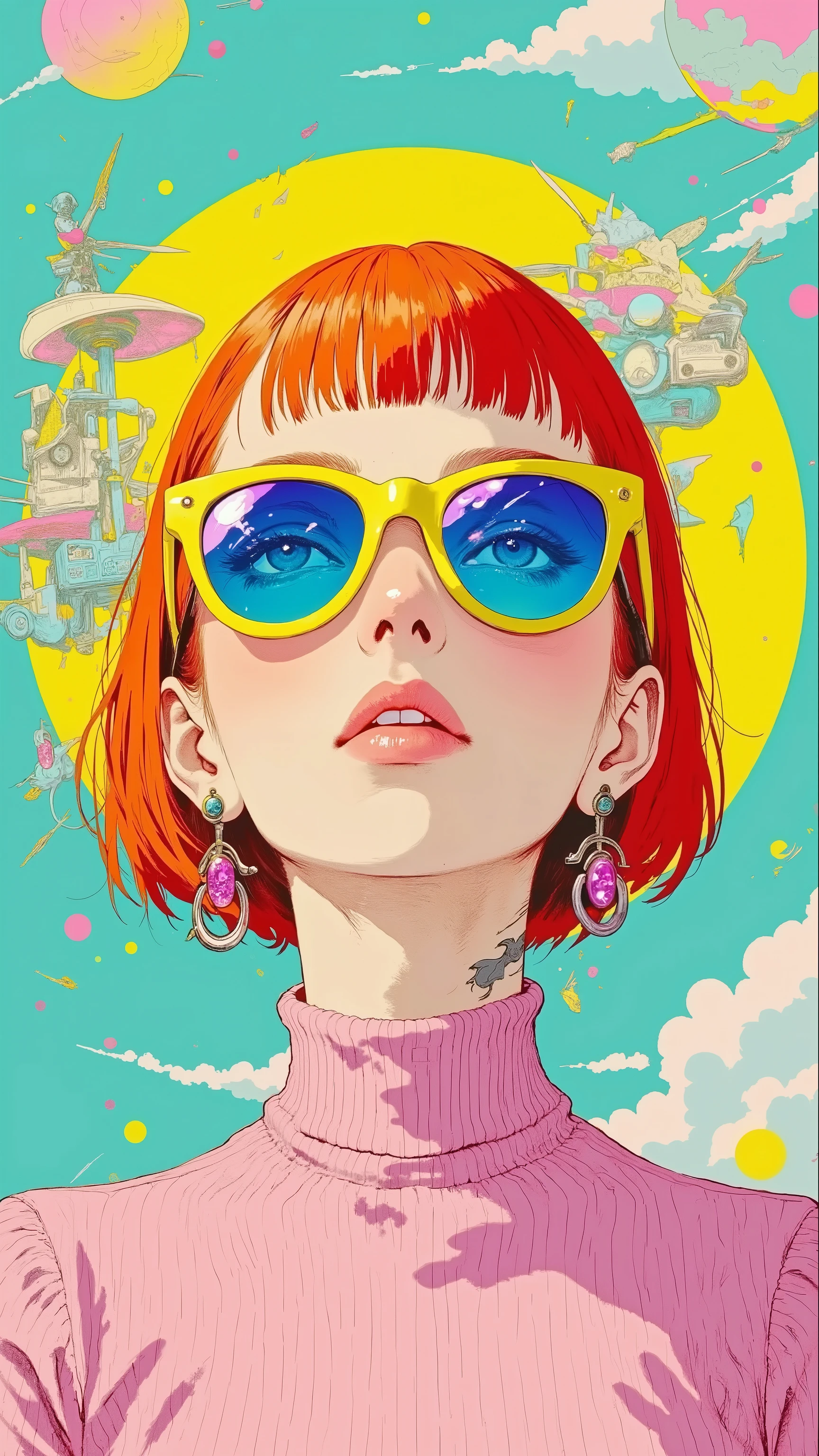 32k, Masterpiece, Top Quality, (Korea's Beautiful Women) Retro-style portrait, vibrant colors, red-haired , oversized yellow sunglasses, blue reflections, pink striped shirt, teal background, yellow geometric shapes, 1960s fashion, pop art aesthetic, bold makeup, updo hairstyle, pink earrings, high contrast, studio lighting, fashion photography, clean composition, surreal elements, summer vibe, eye-catching design