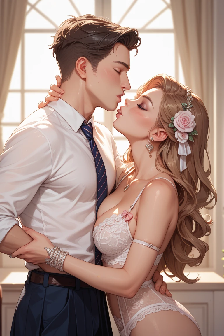 Now make a beautiful young woman wearing a school uniform lingerie, kissing a man in elegant clothes !