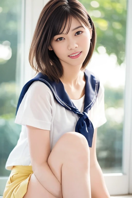 (8k、Raw photography、Highest quality、masterpiece:1.2),(Black-haired、Very short hair:1.8),(:1.3)、View your audience,Front view,White skin,(high school girl、Light blue uniform:1.6)、(Tight waist:1.6)、(Clothes that accentuate the shape of the breasts:1.0)、(Small breasts :1.3)、Slim figure、Ultra-high resolution,beautiful,beautiful fece,(One person、No background:1.9),whole bodyボディー,Japanese women,(reality的:1.37)、Photon Mapping,reality、(Baby-faced and cute: 1.4)、(Cute Smile: 1.8)、(Round face: 1.8)、Radio City、Physically Based Rendering、Depth of field rally background、photograph, (I can see your knees、Thigh close-up:1.8),(Checked skirt:1.6),whole body、Great quality、(Sit with your legs slightly apart、Put your hands on your knees)、((((Sailor suit))))、(((Navy Blue Skirt)))、(((White and light blue panties)))、((((White loose socks))))、((((Brown leather shoes))))、(Outdoor Roads)、((((Low - Angle))))、
