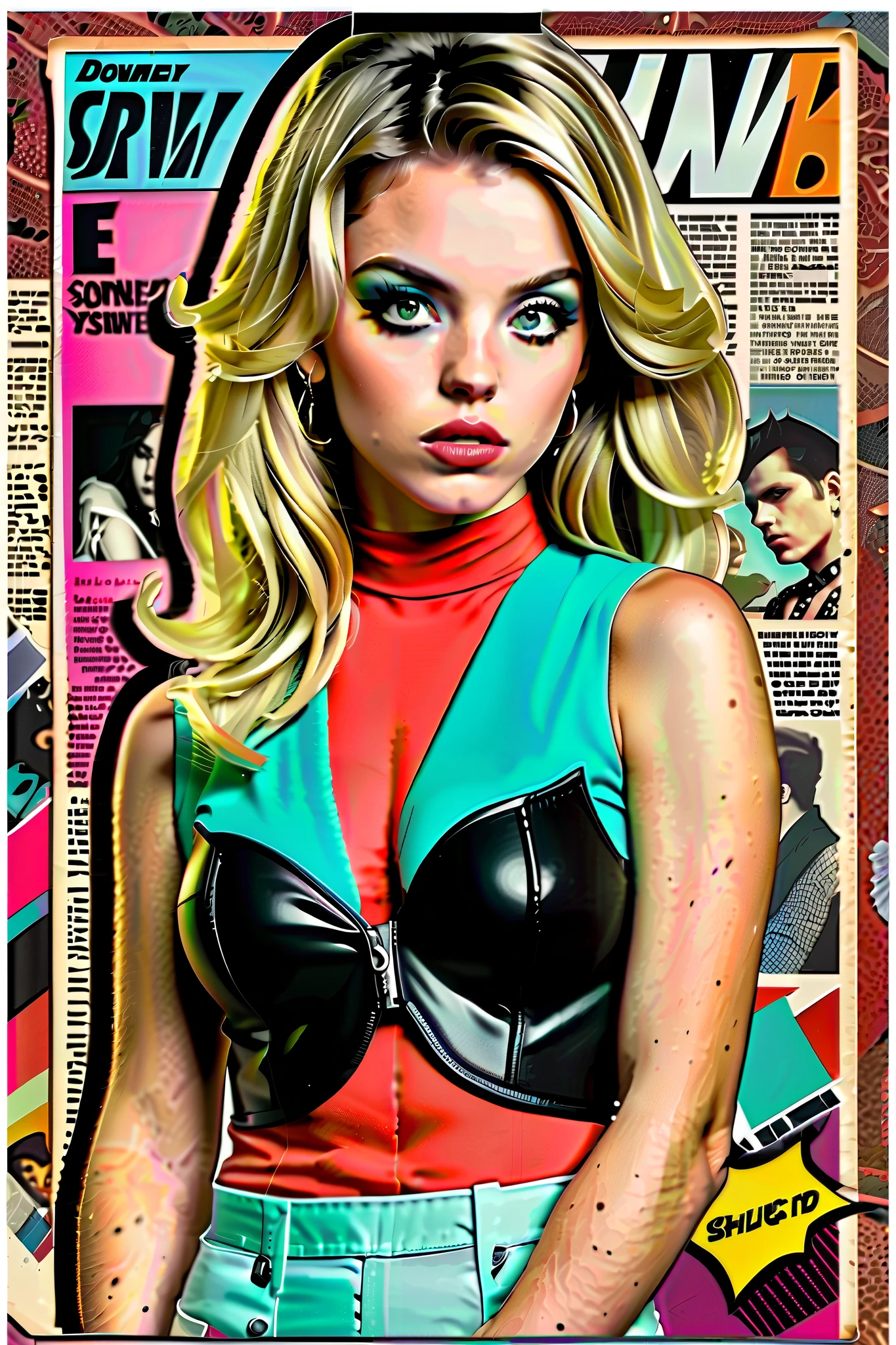 SYDNEY SWEENEY Punk Collage 1980's rockstar comic book collage on a journal page colorful RGB color