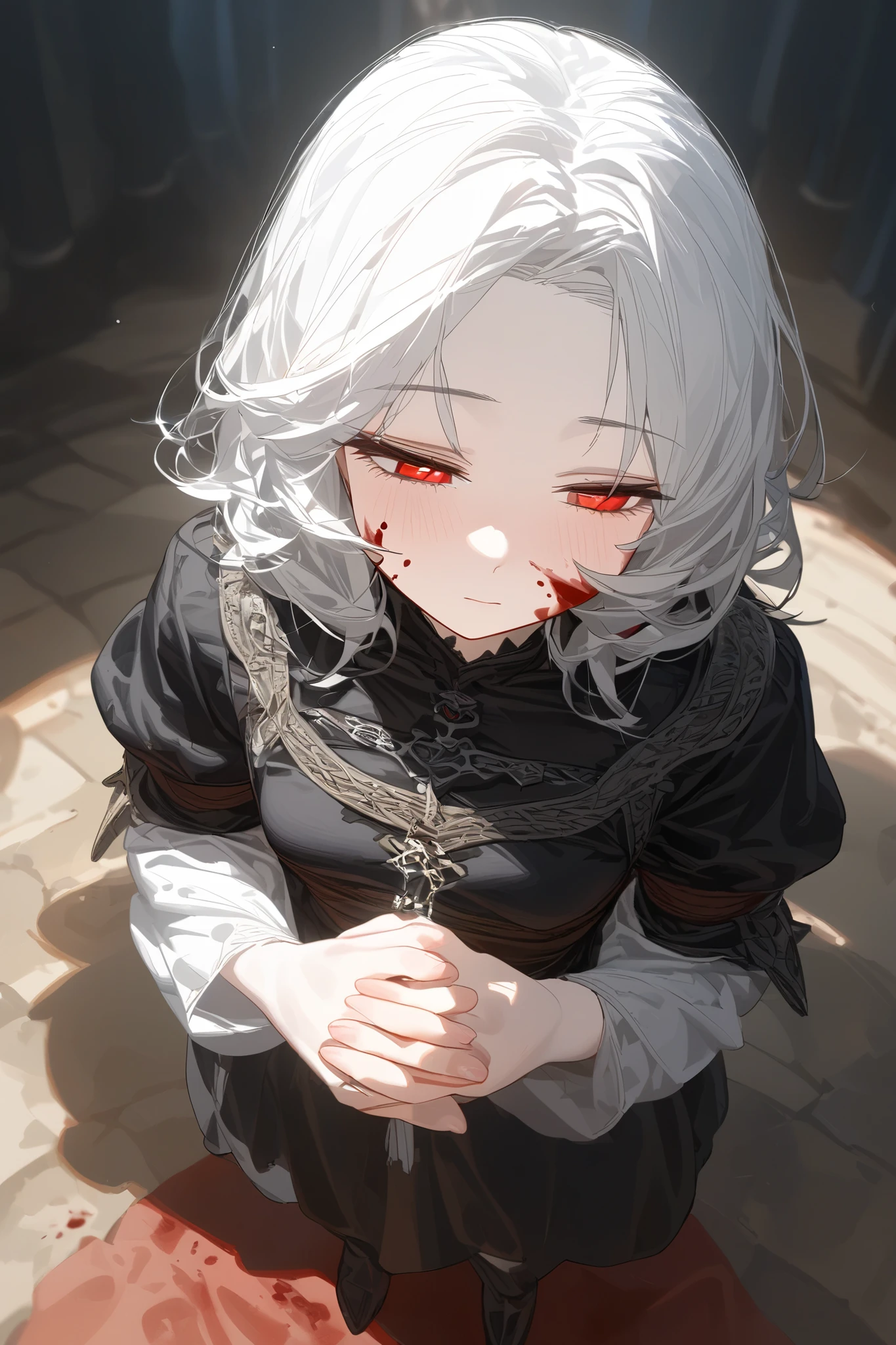 
musterpiece), (best quality), very detailed eyes, expressive eyes, perfect face, very detailed face, highly detailed face, beautiful girl, 8K, delicate and beautiful face and eyes, dark intense shadow, women, 1girl, upstage, cool, small breasts, medium hair, spiked hair, pale skin, expressionless, half-closed eyes, closed mouth,white_hair, white_hair, red_eyes, 1girl, healthy, white thread, the Middle Ages, black shirts, have blood on one's cheeks, Prayer, Faith, from above, full body, 
