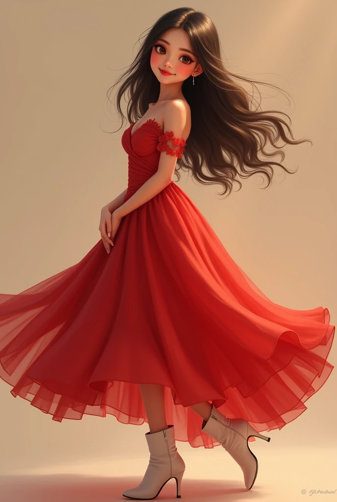 Creates a beautiful, smiling Asian girl, wearing a red dress, full-body, and red shoes.