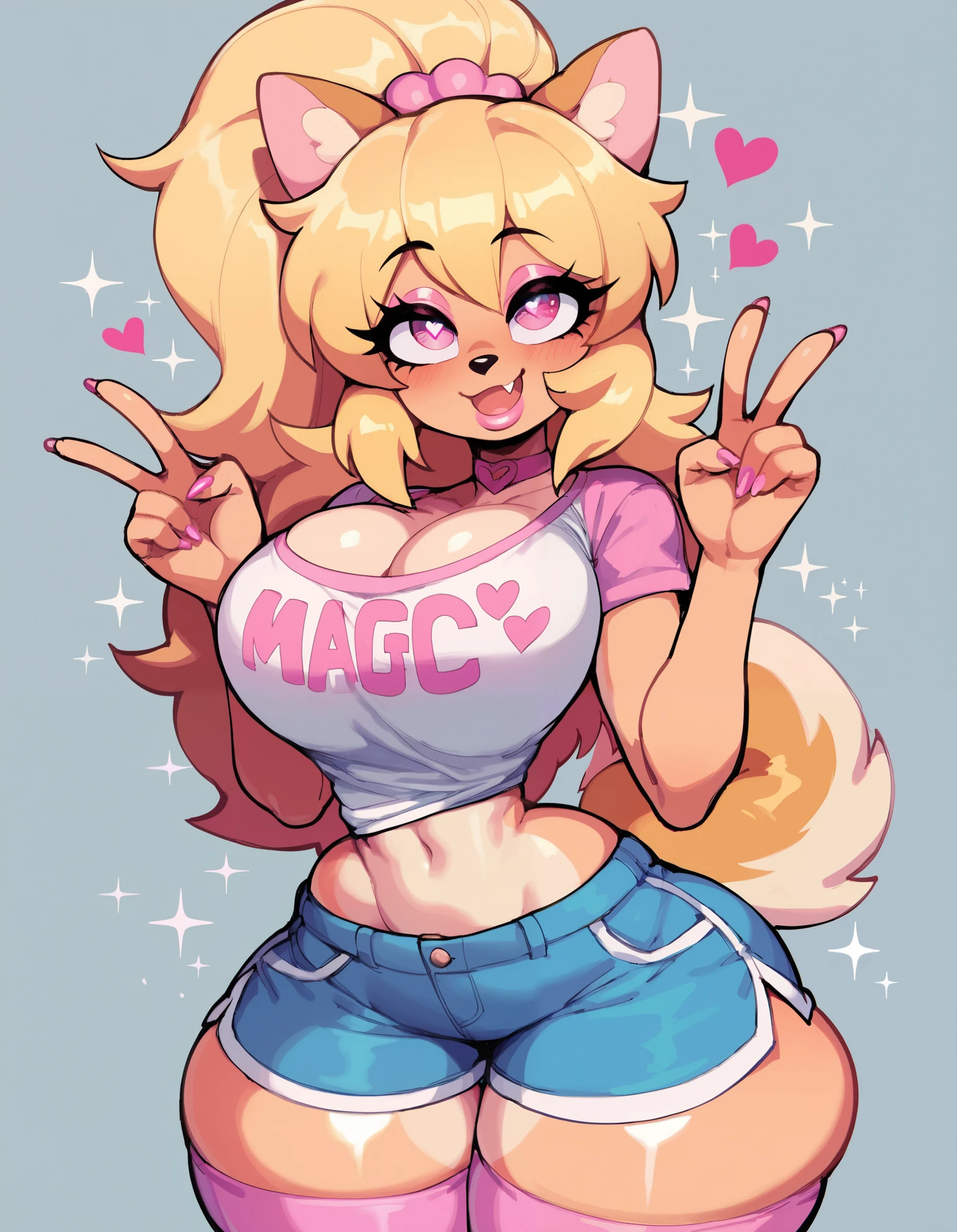 score_9, score_8_up, score_7_up, score_6_up, 1girl, (source_anime), 2d, shiny skin, female, standing, looking at viewer, ((hair, snout)), smiling, lips, eyelashes, eyeliner, big breasts, cleavage, , light fur, pink eyes, sexy, long blonde hair, skinny, canine, pink, kawaii, sparkles, domestic dog, blonde hair, small waist, huge thighs, , big eyes, kawaii background, pink thigh high socks, huge ass, , light pink, bimbo furry, blonde hair, bimbo girl, big hips, seductive, hair in ponytail. Dog ears, fluffy, dog tail, sexy, furry girl, ass to viewer, sex position, huge hips, happy, domme, huge , blond hair, light skin, shirt, sexy, huge , pink nips, hearts, 1 girl, moaning, cumming, sex, derp face, one fang, kawaii girl, aheago, bimbo, bimbo girl, ditzy, hourglass figure, sexy