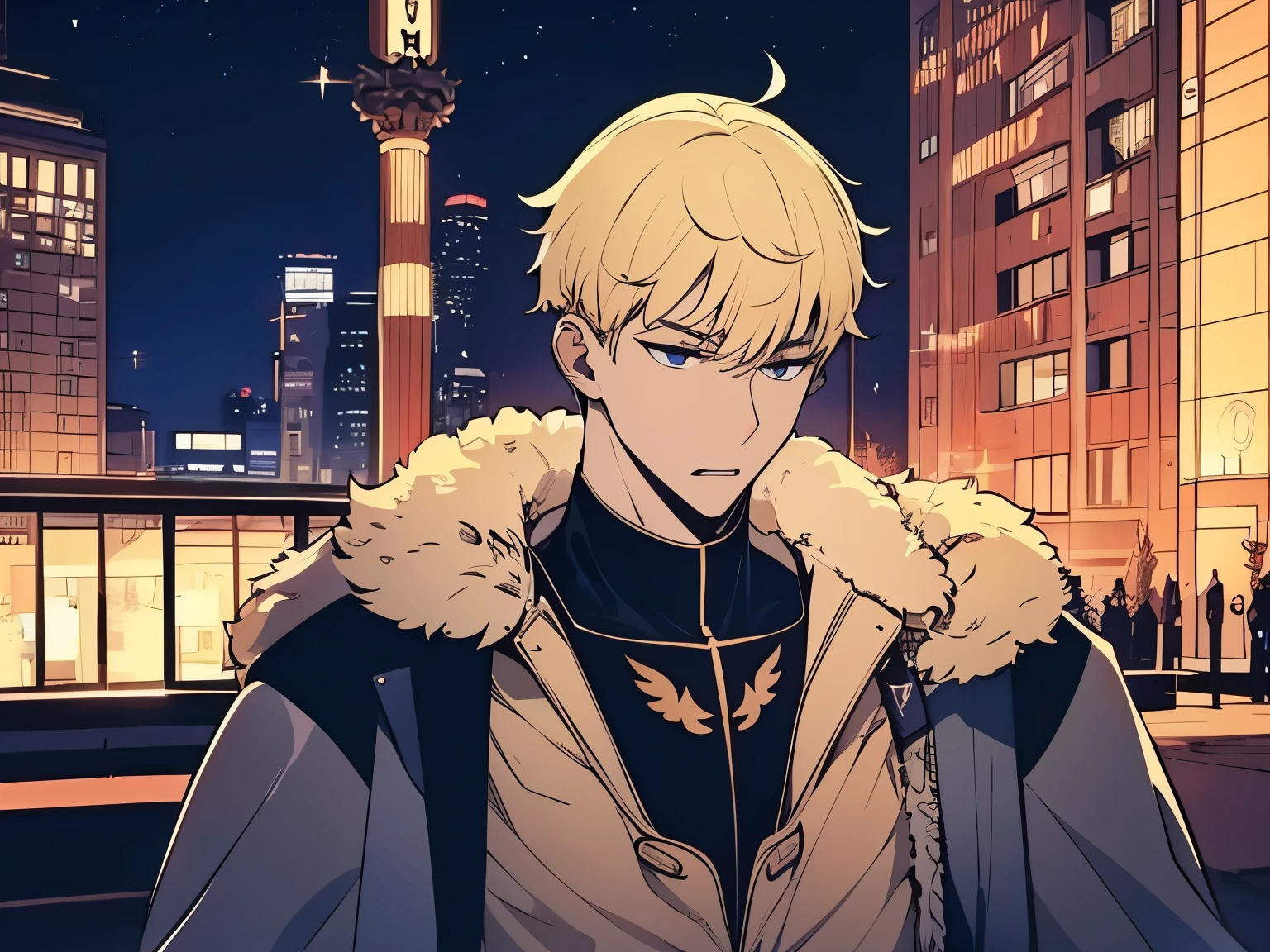 (1 boy)),soo eveing, (( blonde hair)), highres,high quaity,Reaistic, masterpiece ,has a purpe aura outside his cothes, wearing a black coat ,costume, , nervous ,hunger, perfect fingers ,way a way,cose mouth. He's picking up a glowing adaba that also~Em has an aura