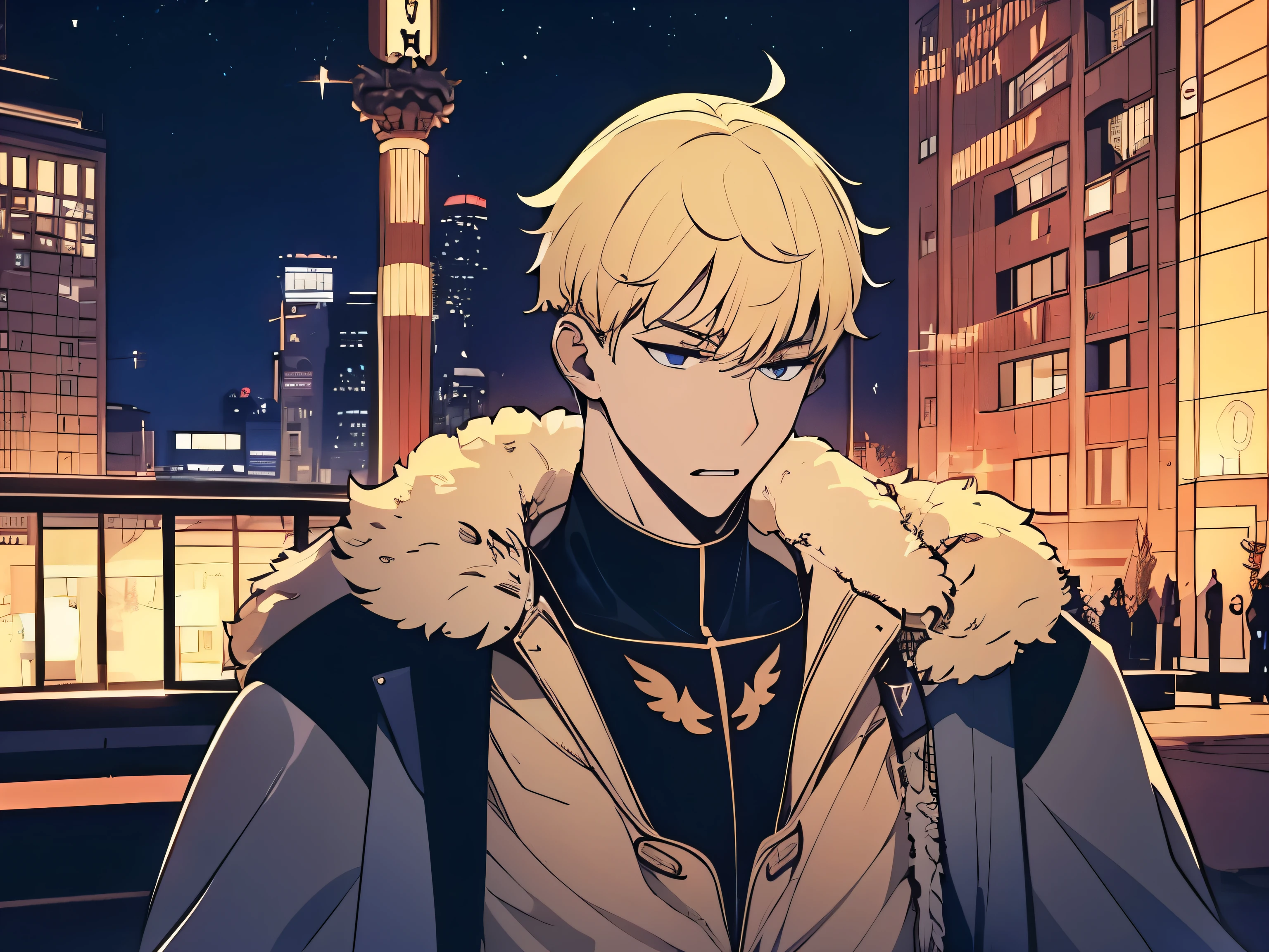 (1 boy)),soo eveing, (( blonde hair)), highres,high quaity,Reaistic, masterpiece ,has a purpe aura outside his cothes, wearing a black coat ,costume, , nervous ,hunger, perfect fingers ,way a way,cose mouth. He's picking up a glowing adaba that also~Em has an aura