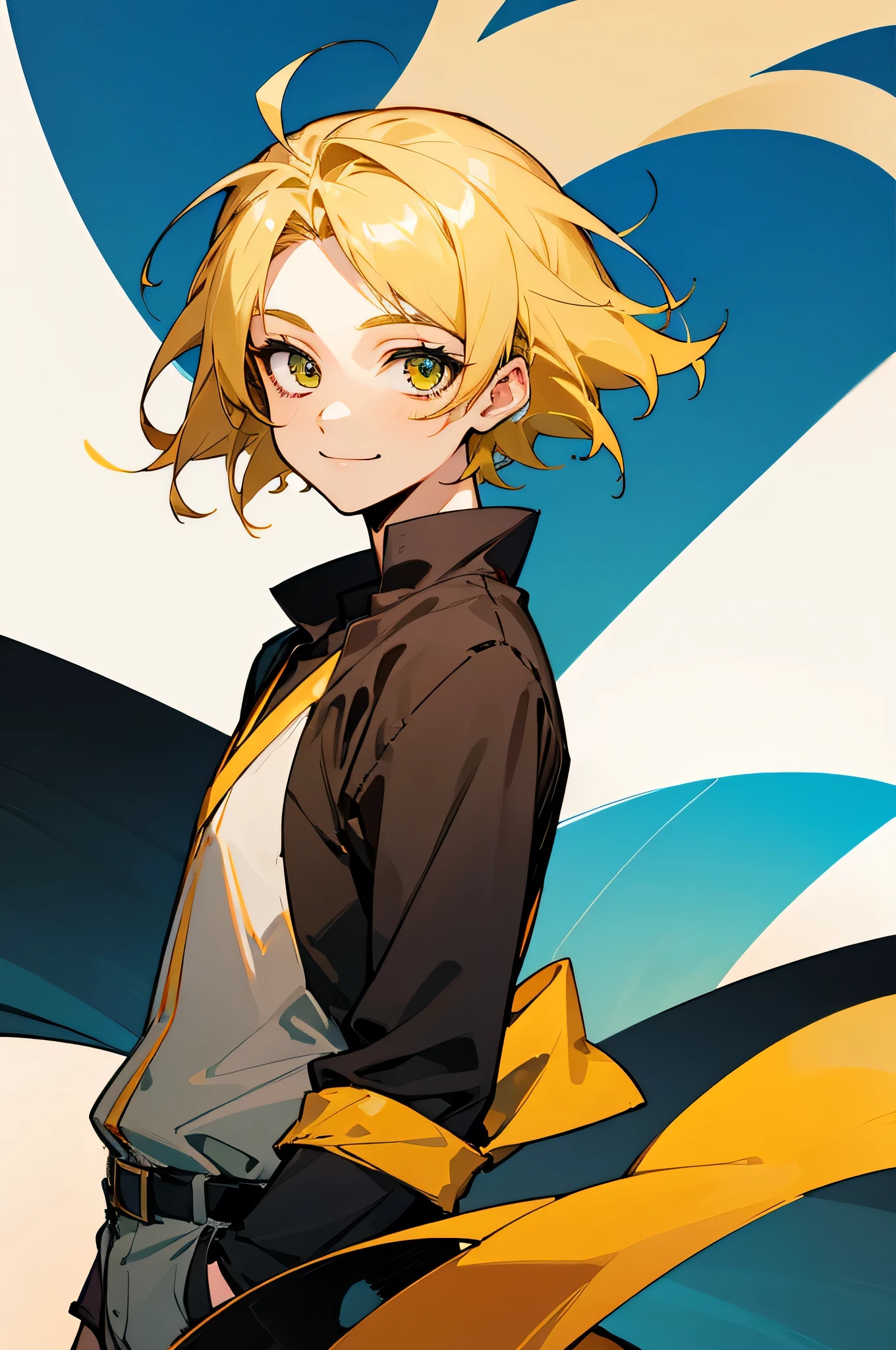 young , male, short hair, blonde yellow hair, necessary, The best quality, eyes the color of blue, anime, adolescent, man, attractive, straight hair, smile, presumed, simple background