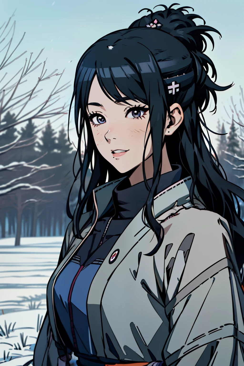 an hiperealistic shot of hinata(shippuden), ((hiori kazano)), idolmaster, Detailed eyes, long hair, ponytail, half updo, hair ornament,, (sweet woman), manwha style, in a snowy field, happy, smilling, upbody, (best quality,Super precise depiction), older, woman, ((mature))