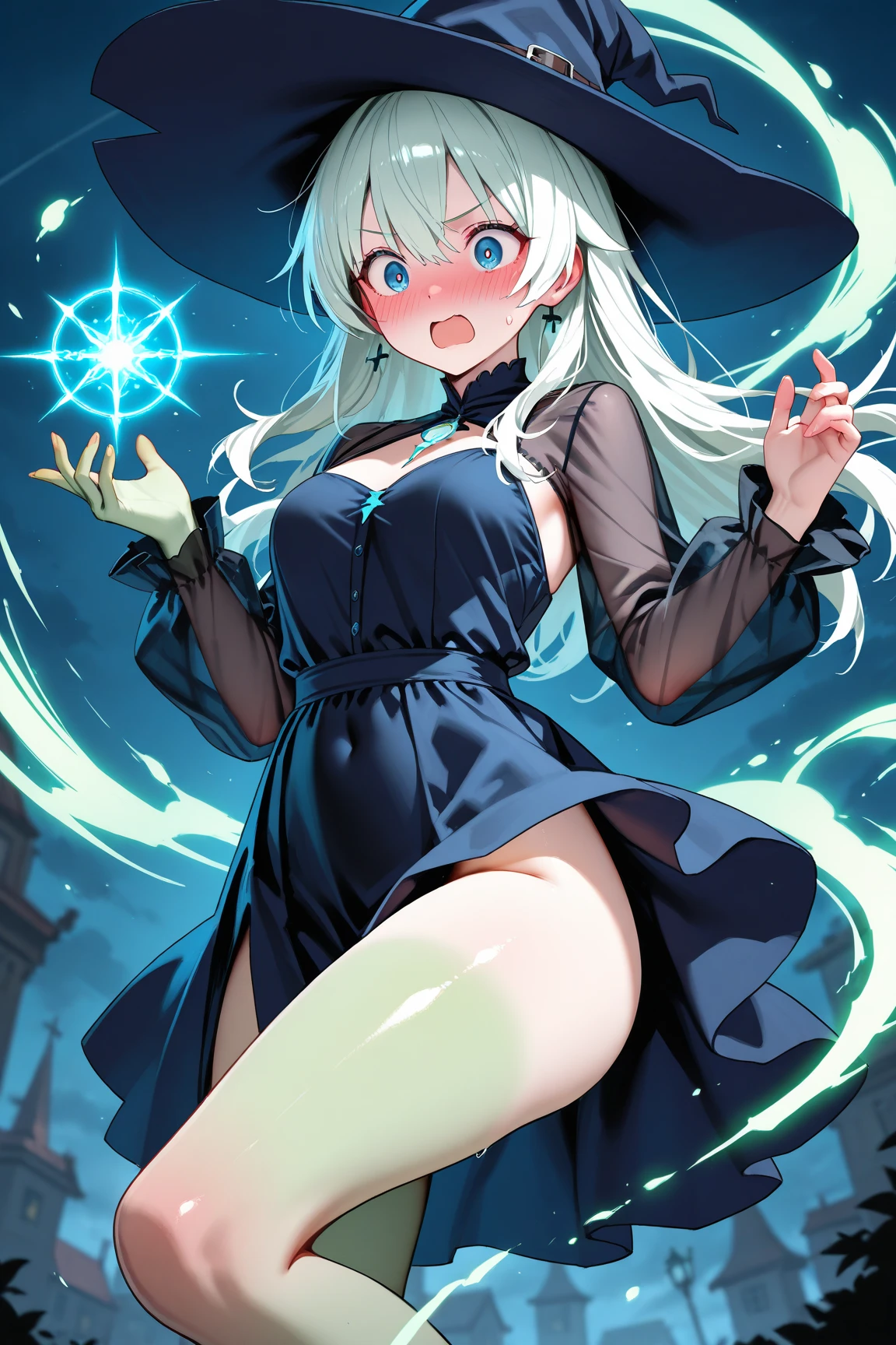 1 girl, game CG, orange mini dress, visible cleavage, visible shoulders, visible navel, black witch hat, cloak, orange panties, string hair ribbon, gigantic breasts, light blue hair, middle hair, two side up, blue eyes, Halloween background,