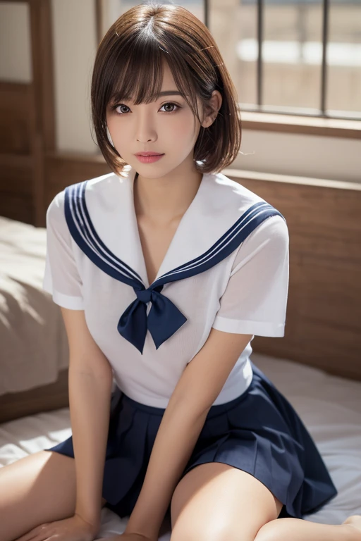 (reality: 1.4),highest quality, masterpiece, high detail, 16K quality, beautiful, 1 beautiful girl,japanese,super beautiful face,baby face,japanese idol face,cute face,super detailed face,detailed hand,beautiful skin,oily skin,big eyes,profeccional lighting,short hair,black hair,brown beautiful eyes, sitting whith knee up,arms behind back,big smile,legs spread,spread pussy,(skirt lift),big breasts,(sailor suit),(checked skirt),(spread pussy),detailed pussy,black high socks,she is looking at the camera,classroom,nsfw,from below,