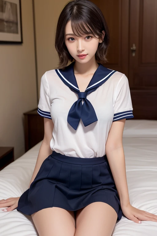 masterpiece, best quality, illustration, Super detailed, fine details, High resolution, 8K,wall paper, perfect dynamic composition,(Details High quality, realistic depiction of eyes:1.3), short hair, Black Sailor Uniform, serafuku, Navy pleated skirt, huge breasts, black hair color, Big Natural Color Lip, bold sexy pose, crying a little、 Harajuku style、20 year old girl、cute type、lolita、beautiful legs, hotel room, full body photo、focus on crotch, hposing Gravure Idol