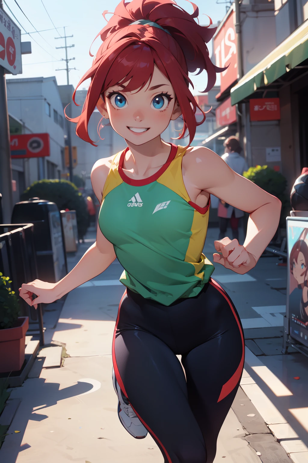 masterpiece:1.2, best quality, detailed,Super high quality,perfect anatomy,beautiful light and shadow, ,Beautiful white skin , red hair, blue eyes,slim, young woman in her early 20s ,1girl, running at trendmill, solo, very detailed eyes, anime style , 8k digital painting, wearing neon tight sportwear, gym, small breast, smile