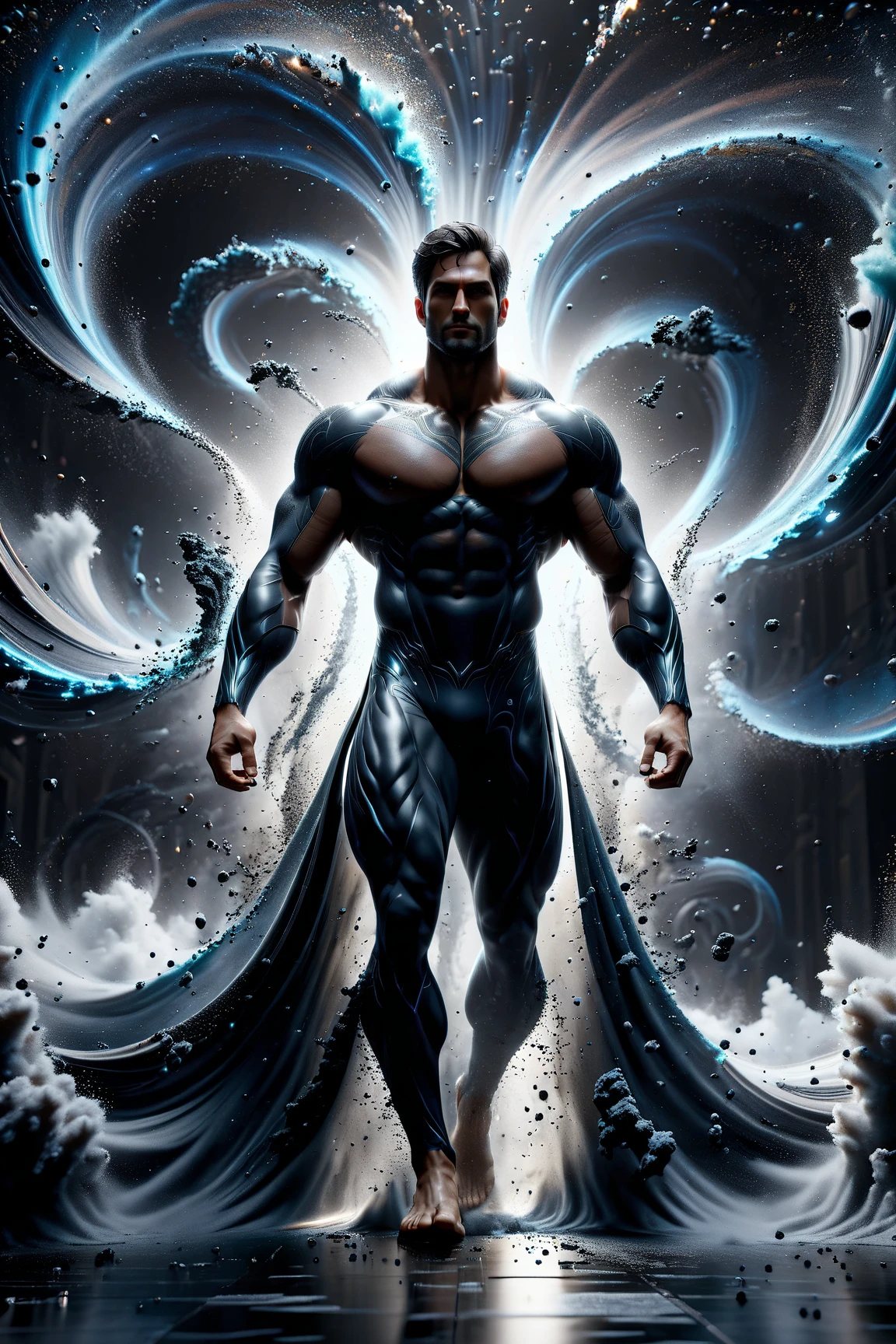 surrealism, fantasy art, digital painting, element (water) theme, (beautiful and aesthetic:1.2), martial arts theme, full body, action theme, (transparency), feng shui, depth of field, view from below, front profile, wide angle lens, (soft focus lens:1.1), focus blur, smooth lines, establishing shot, inspirational movie poster art (perseverance), [in the style of The Abyss], [monochromatic], asymmetrical background, (volumetric mist and fog) BREAK
(Cloudy dark skies pierced by a single ray of sunlight background), rocky oceanside cliffs, (distant thunderstorm), heavy rainstorms, (lightning), ocean waves crashing against jagged gray rocks in the distance, tidal wave, tsunami, the Kraken, (large Yin-Yang made entirely of translucent flowing blue water background), duality, paradox, (a humanoid translucent flowing blue water elemental), male, masculine, taking the form of Bruce Lee, looking at the camera, calm, centered, prepared, powerful, intelligent, dangerous, (composed of purely water), martial arts fighting pose (Jeet Kune Do), low spread leg shampoo stance, shirtless, kung fu pants made of water, wide cloth-like water belt flowing behind him, rising from the ocean waters, ocean and man as one, (in the style of Enter the Dragon:1.1), indirect refractive lighting, enhanced background shadows, transparent foreground, dark blue and gray with white highlights color theme, water element, water, wet, ["Be like water, my friend." -Bruce Lee], smooth, (flowing), (liquid), focused, zen <lora:xl-shanbailing-1011-2water:1> <lora:SDXLPaintSplash:0.2> <lora:SDXL_Rain_Sa_May:0.6> <lora:watercd_xl-000008:1>