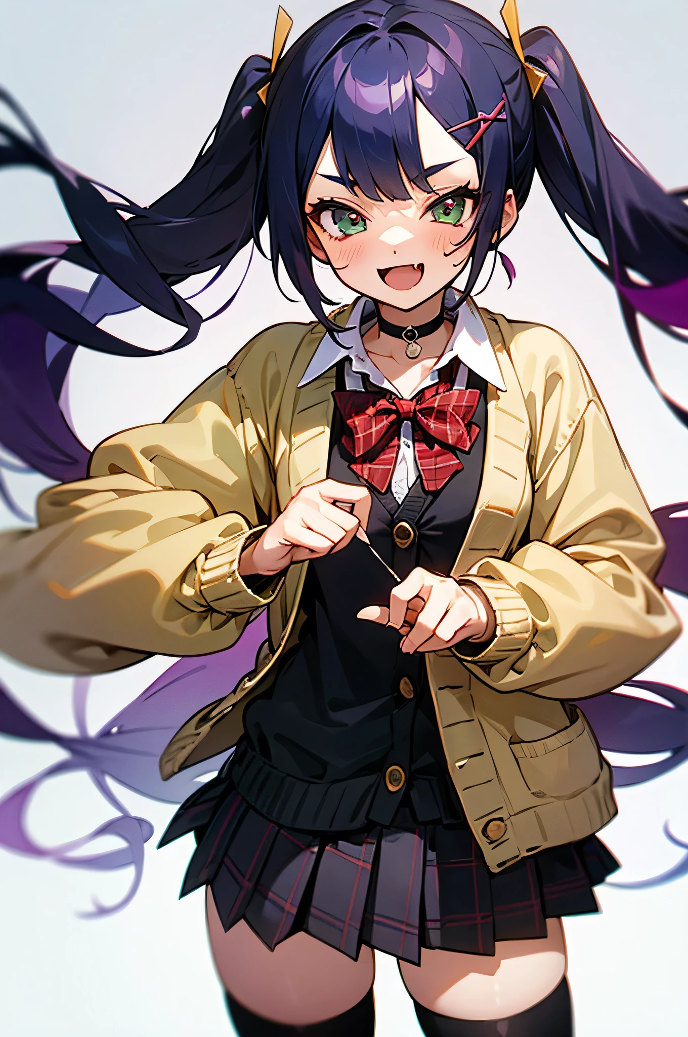 score_9,score_8_up,score_7_up,score_6_up,source_anime, <lora:OldAnimeStyle_XL_v3:0.5>, shiny, shiny skin, <lora:naipony2:0.8>, <lora:finger_frame_xlpony_240406:1>, finger frame
1girl, model podium, belt, black choker, black jacket, braid, breasts, choker, cleavage, collared shirt, demon horns, fake horns, fingerless gloves, fishnet thighhighs, fishnets, french braid, frilled shirt, frilled skirt, frills, garter straps, gloves, gradient hair, green eyes, gyaru v, hair ornament, hairclip, hand on own hip, horns, jacket, long hair, looking at viewer, loose belt, miniskirt, multicolored hair, necktie, one side up, open mouth, outstretched arm, plaid, plaid skirt, pleated skirt, purple hair, purple nails, purple necktie, shirt, sketch, skirt, smile, solo, star (symbol), thighhighs, white shirt,
,<lora:add-detail-xl:1>, japanese, ultra detailed, serious, best quality, amazing quality, very aesthetic, absurdres, masterpiece, best quality,spotlight,masterpiece, best quality, high quality, highres, absurdres, caustics, offcial art, anime screencap,