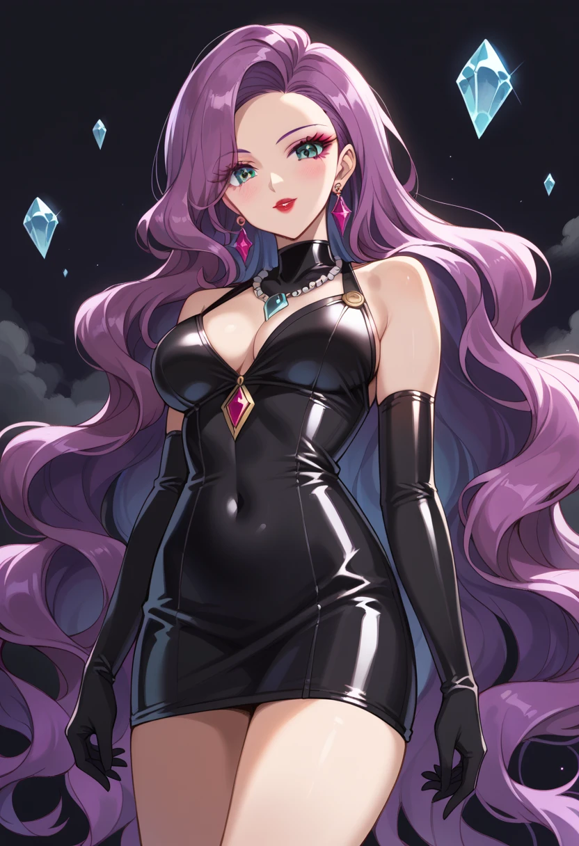Perfect face. Perfect hands. A pink haired woman with violet eyes an hourglass figure in a leather ball gown is splashing in a fountain while smiling in a Gothic garden at night