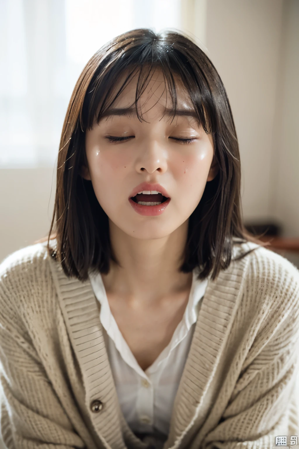 BEAUTIFUL JAPANESE ACTRESS、 1 girl,bangs、Flying debris,, Award-winning pics, very detailed, focus on face , big double eyes( woman with her mouth open and her eyes closed ), 1、bangs、 shiny skin、((( face close-up)))、Realistic nostrils、 do training to make your nose thinner and longer,,,、bedroom, squats、(( random color open cardigan))、 big breasted 、( Sharp Nose )Frowning performance:1.4,, performance,Frowning,(( Lift Your Head ))、Sweaty skin, oily skin, hair gathered,squatsting and giving a blowjob,female teacher,廊下の壁際に座る、squats、50 degree hot room、Sweaty skin、Wet Sheer Fabric ,My face is sweaty , face that endures severe pain 、(((Screaming face, shout with your mouth wide open))),((On top of women,vagina, sex,))(( super real))