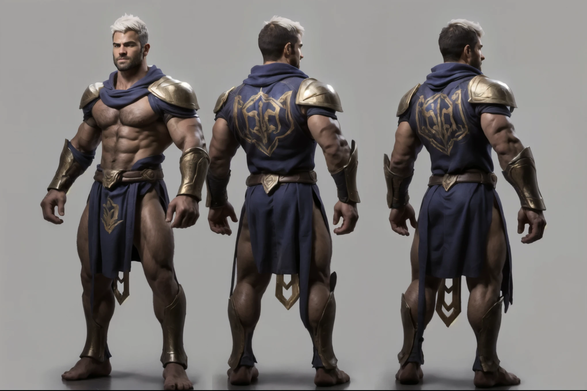 ( masterpiece), ultra Detailed , 3 views, Character view, front view, side view, back view, ( detailed character sheet) , Spartan Warrior Reference Sketch, clothing Your physical appearance is often described as that of a strong person, muscular build , 25 years, silver or white hair, short hair, ((chest hair+++)) Wearing traditional Spartan clothing, just a tunic around the waist , bare torso, pectorals display, ultra-realistic photo , crunchy, intricate details , intricate details , and style , simple background illustration.
