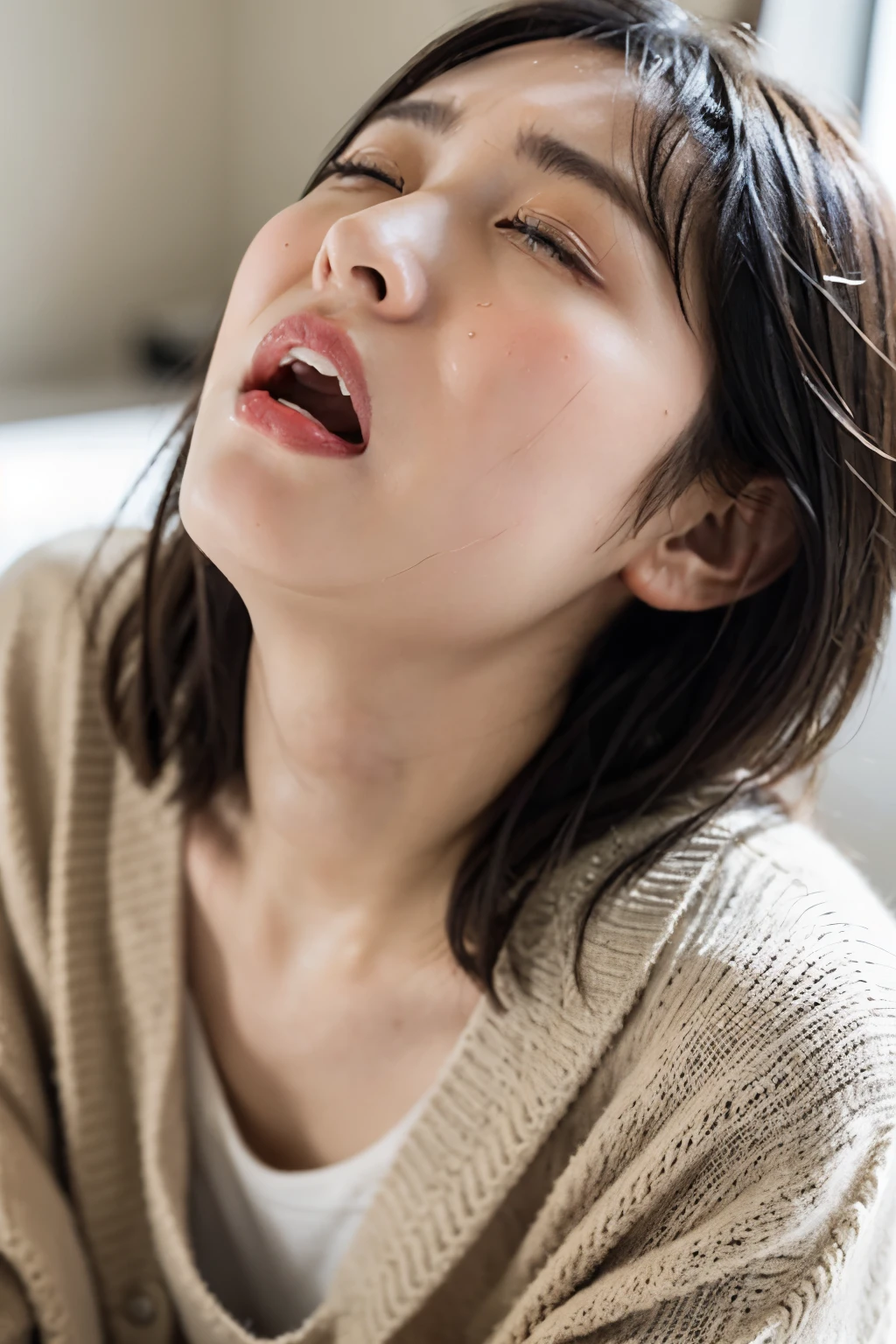 BEAUTIFUL JAPANESE ACTRESS、 1 girl,bangs、Flying debris,, Award-winning pics, very detailed, focus on face , big double eyes( woman with her mouth open and her eyes closed ), 1、bangs、 shiny skin、((( face close-up)))、Realistic nostrils、 do training to make your nose thinner and longer,,,、bedroom, squats、(( random color open cardigan))、 big breasted 、( Sharp Nose )Frowning performance:1.4,, performance,Frowning,(( Lift Your Head ))、Sweaty skin, oily skin, hair gathered,squatsting and giving a blowjob,female teacher,廊下の壁際に座る、squats、50 degree hot room、Sweaty skin、Wet Sheer Fabric ,My face is sweaty , face that endures severe pain 、(((Screaming face, shout with your mouth wide open))),Saliva、tears、((On top of women,vagina, sex,))(( super real))