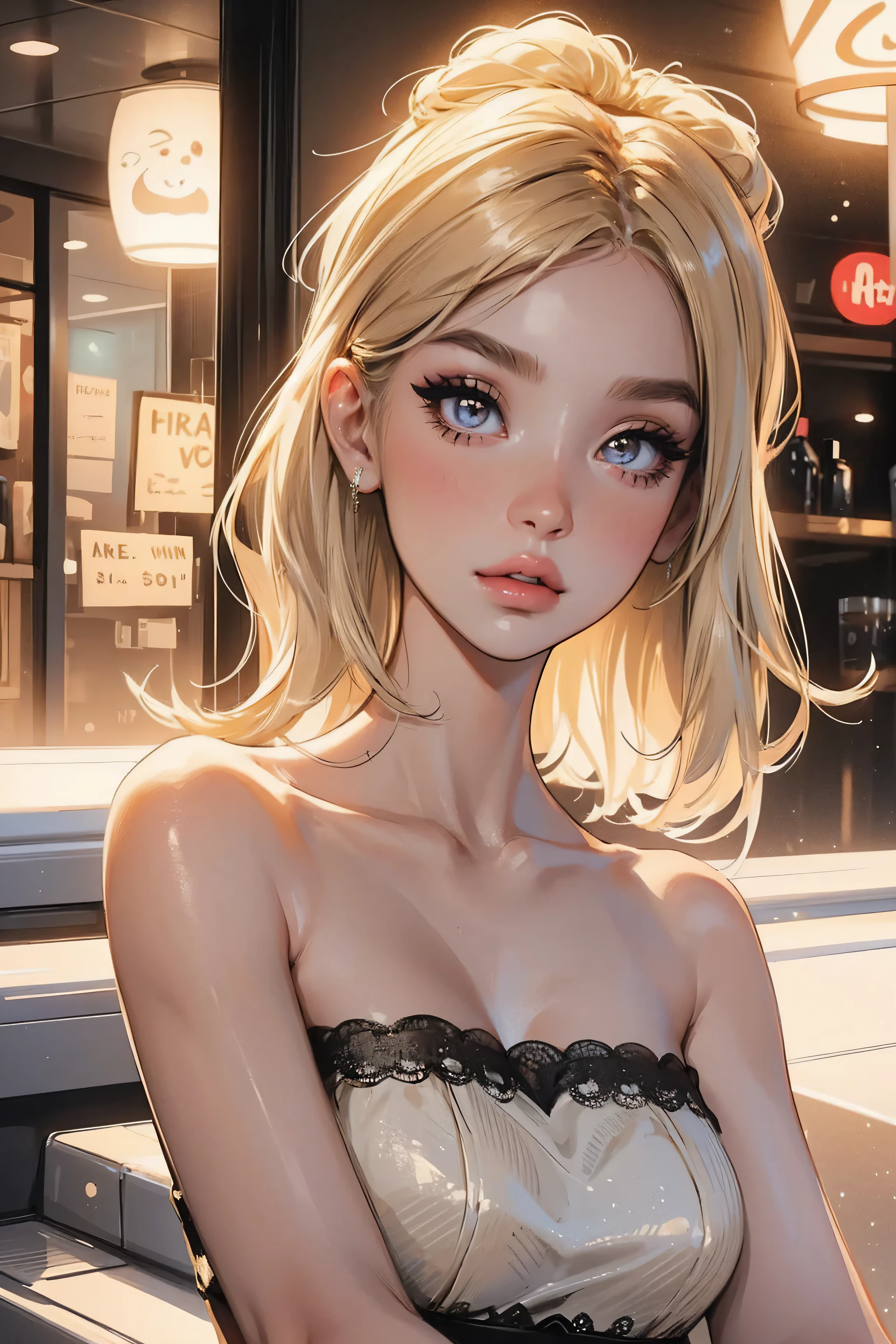 24 year old girl, influencer, model, beautiful, mascara, nose blush, tube top, detailed makeup, popular girl, blonde, slender, slim, bubbly personality, fun,