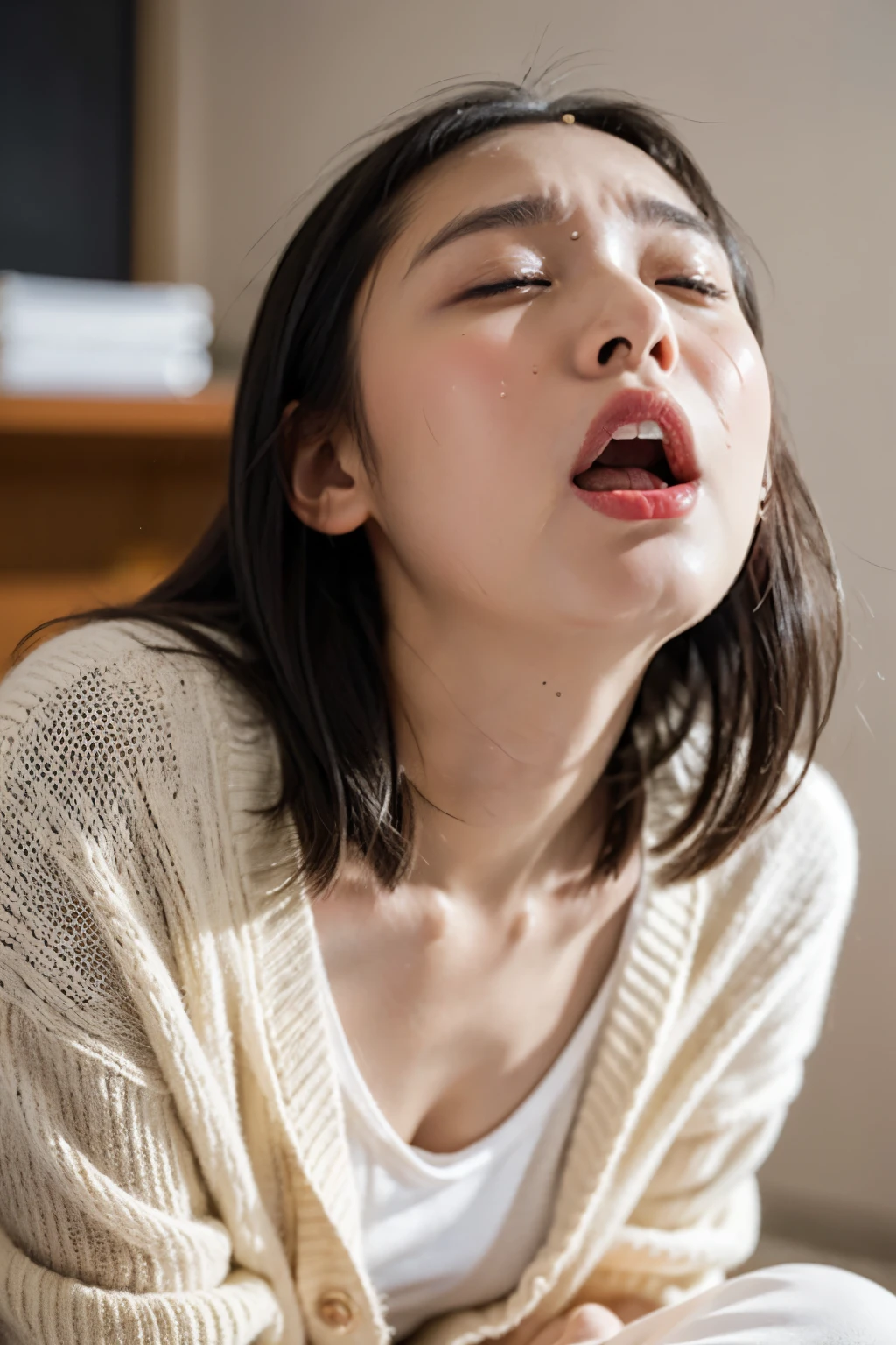 BEAUTIFUL JAPANESE ACTRESS、 1 girl,bangs、Flying debris,, Award-winning pics, very detailed, focus on face , big double eyes( woman with her mouth open and her eyes closed ), 1、bangs、 shiny skin、((( face close-up)))、Realistic nostrils、 do training to make your nose thinner and longer,,,、bedroom, squats、(( random color open cardigan))、 big breasted 、( Sharp Nose )Frowning performance:1.4,, performance,Frowning,(( Lift Your Head ))、Sweaty skin, oily skin, hair gathered,squatsting and giving a blowjob,female teacher,廊下の壁際に座る、squats、50 degree hot room、Sweaty skin、Wet Sheer Fabric ,My face is sweaty , face that endures severe pain 、(((Screaming face, shout with your mouth wide open))),((Saliva))、(tears)、((On top of women,vagina, sex,))(( super real))