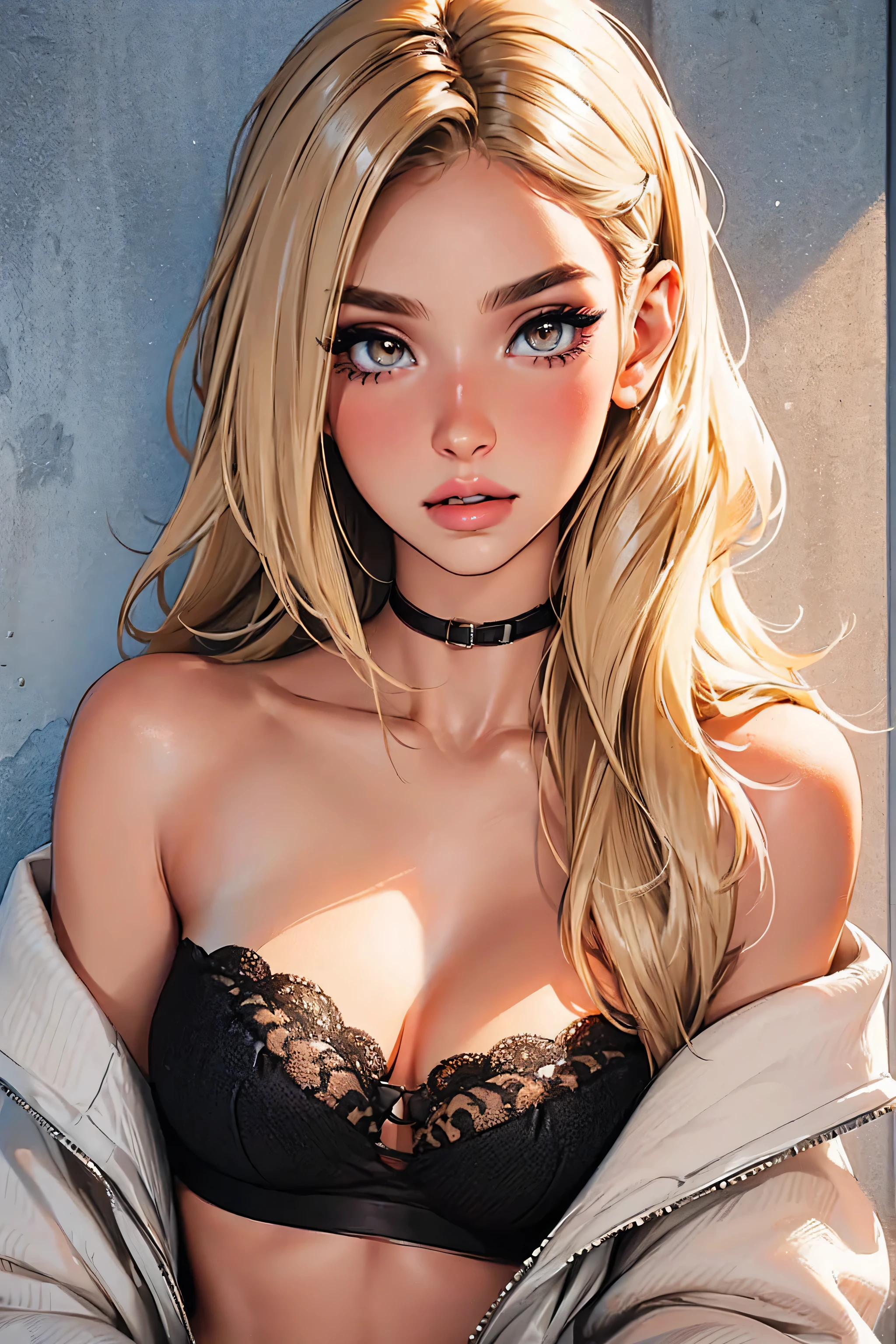 24 year old girl, influencer, model, beautiful, mascara, nose blush, tube top, detailed makeup, popular girl, blonde, slender, slim, bubbly personality, fun,