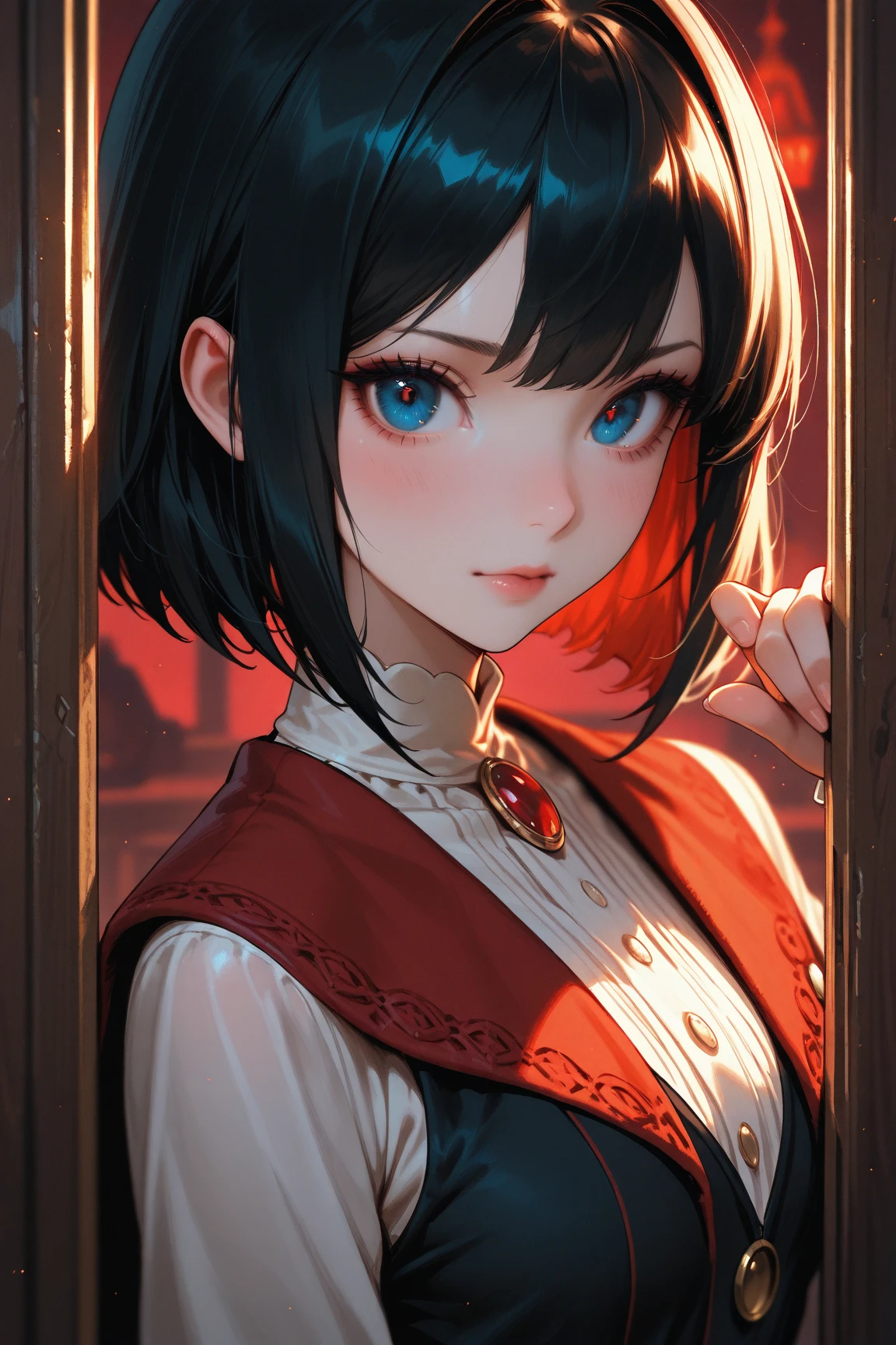 (masterpiece, high resolution, ultra - detailed:1.0),1 girl, Young and beautiful women, facing away from viewer, eyes looking away from camera, Perfect female body, (upper body), (medieval room), Extremely detailed CG, Unity 8k wallpaper, Complicated details, solo person, (blue eyes), asian eyes, (medium black hair), ((cute white and red robes)), bare_shoulders, short skirt, cleavage, marble hallway, standing in doorway of a dark room, (wall torches), (sandstone design),((Dark night)), Portrait, color difference, Depth of field, dramatic shadows, Ray tracing, Best quality, Cinematic lighting ,official art,