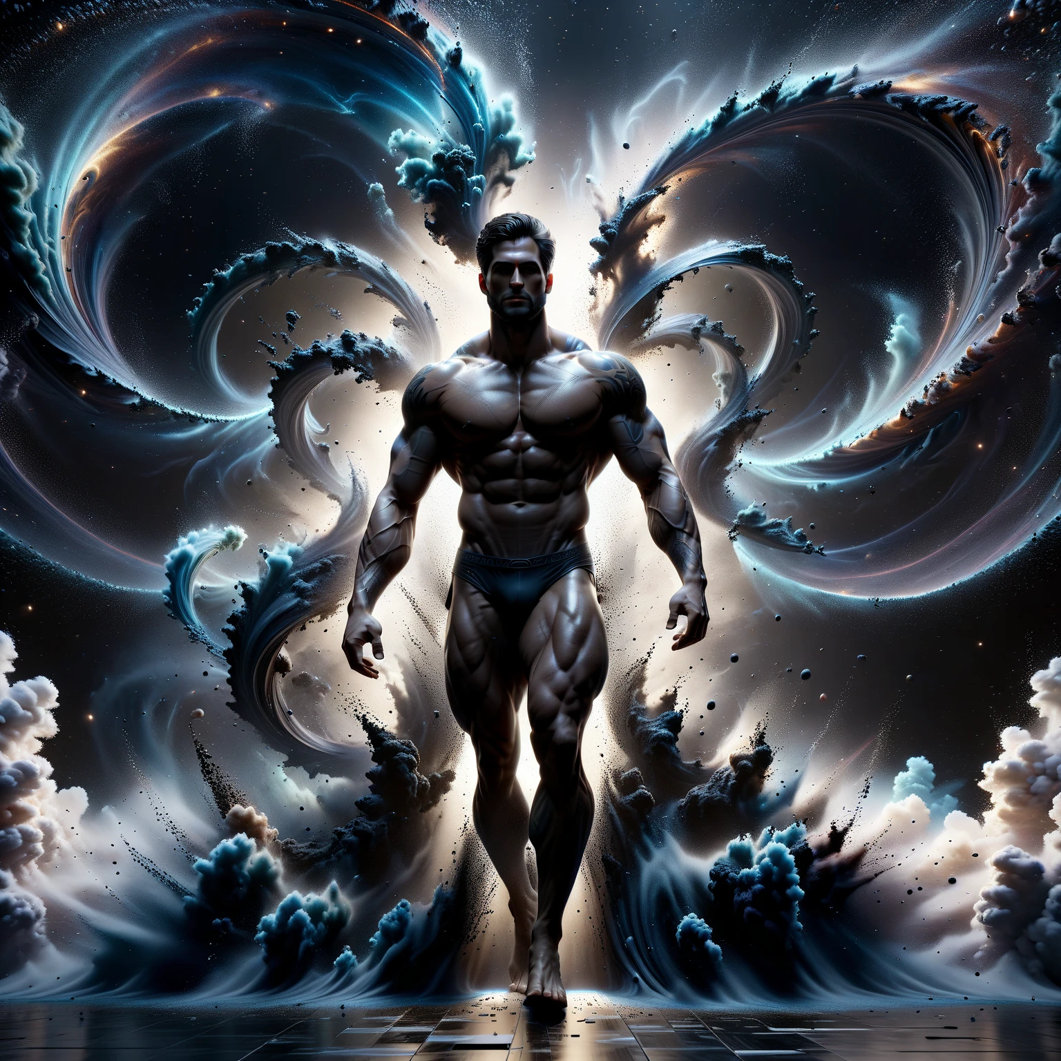 full full Body photorealistic Illustration a a very handsome and sexyness man, he is a wizard, he has deep blue eyes, very nice abs, he shirtless chest, nakedness nudeness shirtless celestial , magic swirls, white fog.
