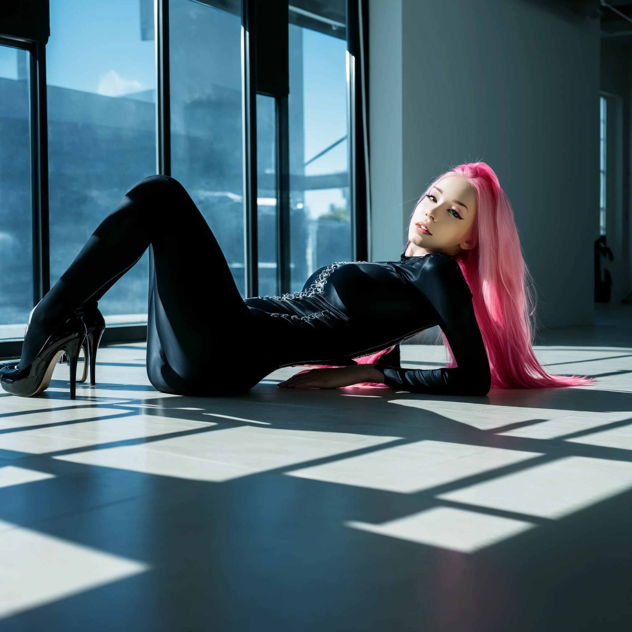 Stable_Yogis_PDXL_Positives:
score_9, score_8_up, score_7_up, score_6_up, 1girl, solo, long pink hair, medium breasts, shapely legs, reclining on her back with both knees bent slightly, her arms resting lightly by her sides. She wears a fitted black bodysuit and pointed black stilettos, her pink hair spread out dramatically around her. Sunlight pours in through large industrial windows, casting bold shadows across the minimalist white studio floor, highlighting her elegant pose and striking features.