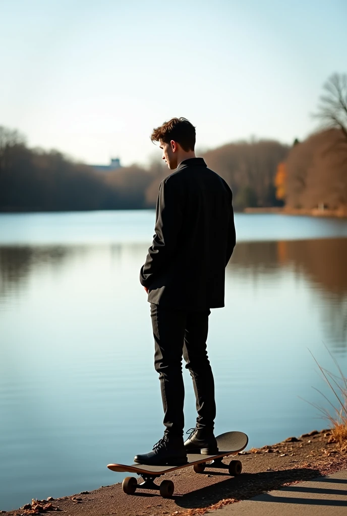 Fourteen-year-old boy, brunet, Cyan eyes, pale skin, On the bridge over the river, Black jacket, White printed T-shirt