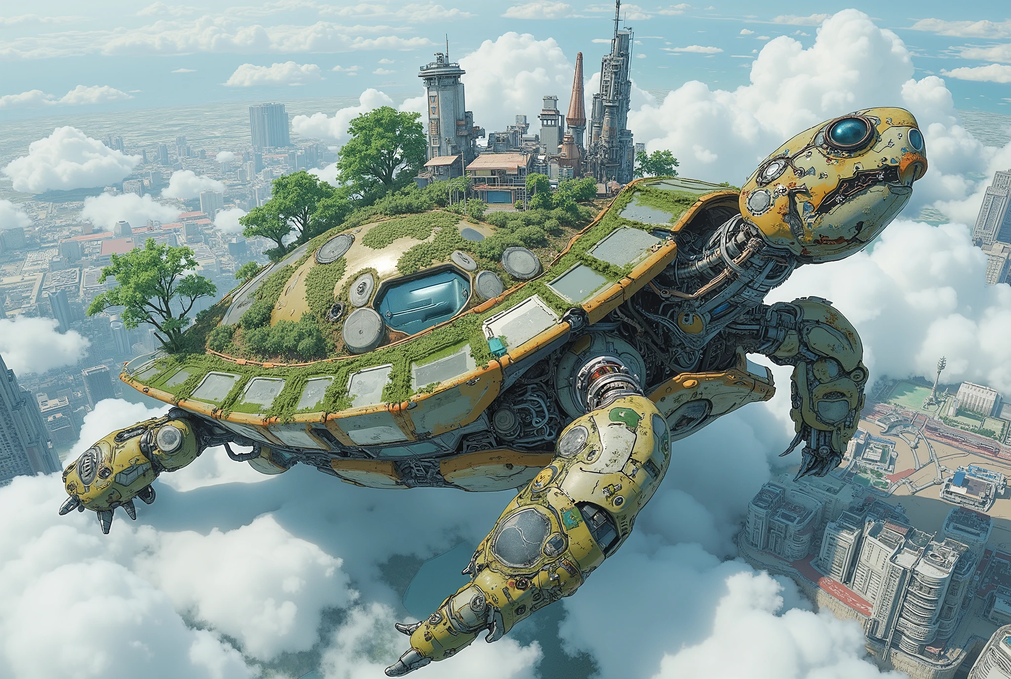 (masterpiece:1.3, top quality:1.3, detailed description:1.3, high quality:1.3),(1huge Robot Turtle\Metal body, Nature and city in harmony on a turtle shell, Beautiful luster, beautiful metal details, precision machinery, moss growing, There are buildings and houses and parks and lakes and mountains, A very developed city, The city is depicted in crisp detail, Bird's Eye View, Bird's Eye View), (A mechanical turtle gracefully swims between a futuristic floating city and a sea of clouds, The developed city floating in the air is depicted with extremely clear details, featuring skyscrapers and highways., Turtles walk on the sea of clouds)