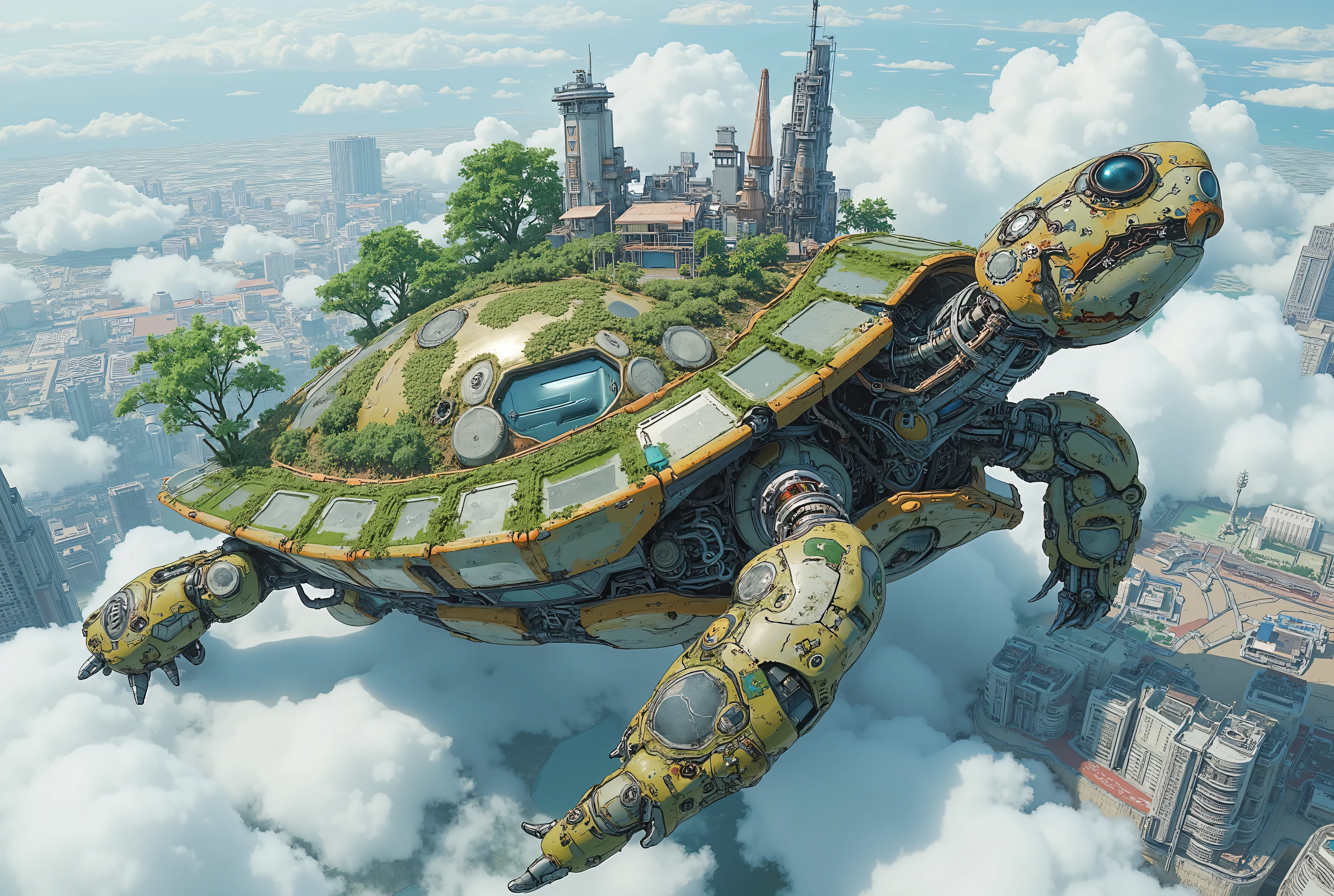 (masterpiece:1.3, top quality:1.3, detailed description:1.3, high quality:1.3),(1huge Robot Turtle\Metal body, Nature and city in harmony on a turtle shell, Beautiful luster, beautiful metal details, precision machinery, moss growing, There are buildings and houses and parks and lakes and mountains, A very developed city, The city is depicted in crisp detail, Bird's Eye View, Bird's Eye View), (A mechanical turtle gracefully swims between a futuristic floating city and a sea of ​​clouds, The developed city floating in the air is depicted with extremely clear details, featuring skyscrapers and highways., Turtles walk on the sea of ​​clouds)