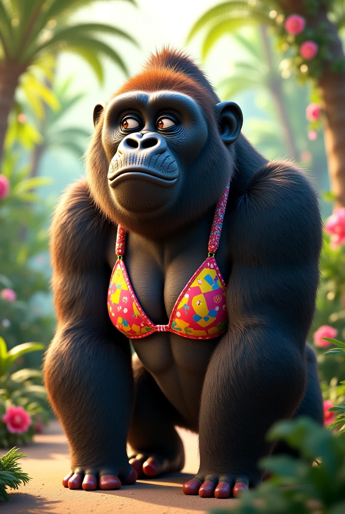 photorealistic portrait of Dressed animals - a ((fat)) gorilla hula dancer,(hula dancing:2.0), (swinging arms :2.0),(happy smile:1.2),high quality,(happy),(lovely) ,intricate details, (furry), highly detailed ((female hula dance costume)) ,highly detailed decorations, wearing (bikini) and flower lei , (happy), studio lighting,(full body image:1.5),simple background,(viewed from side:2.0),