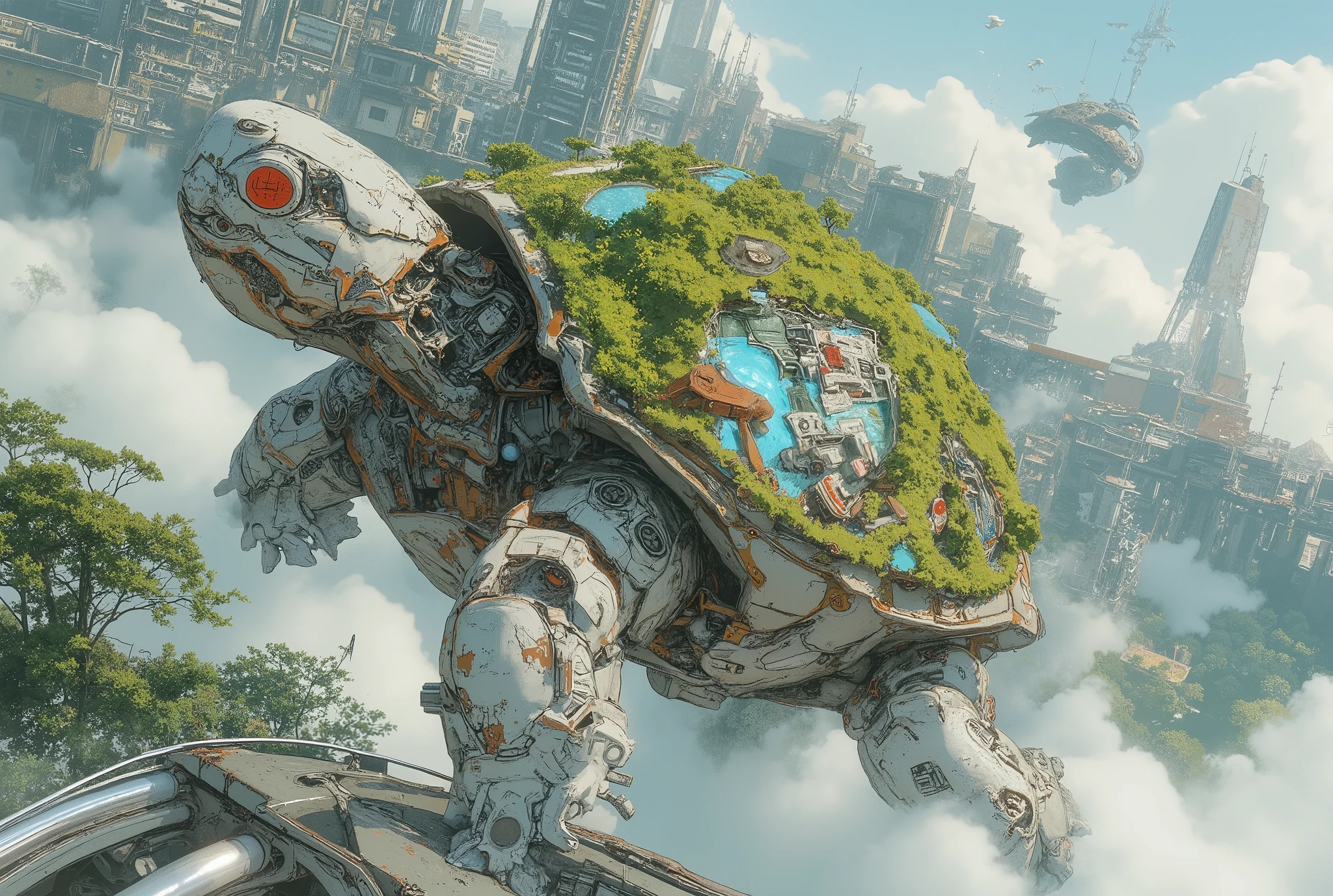 (masterpiece:1.3, top quality:1.3, detailed description:1.3, high quality:1.3),(1huge Robot Turtle\Metal body, Nature and city in harmony on a turtle shell, Beautiful luster, beautiful metal details, precision machinery, moss growing, There are buildings and houses and parks and lakes and mountains, A very developed city, The city is depicted in crisp detail, Bird's Eye View, Bird's Eye View), (A mechanical turtle gracefully swims between a futuristic floating city and a sea of ​​clouds, The developed city floating in the air is depicted with extremely clear details, featuring skyscrapers and highways., Turtles walk on the sea of ​​clouds)
