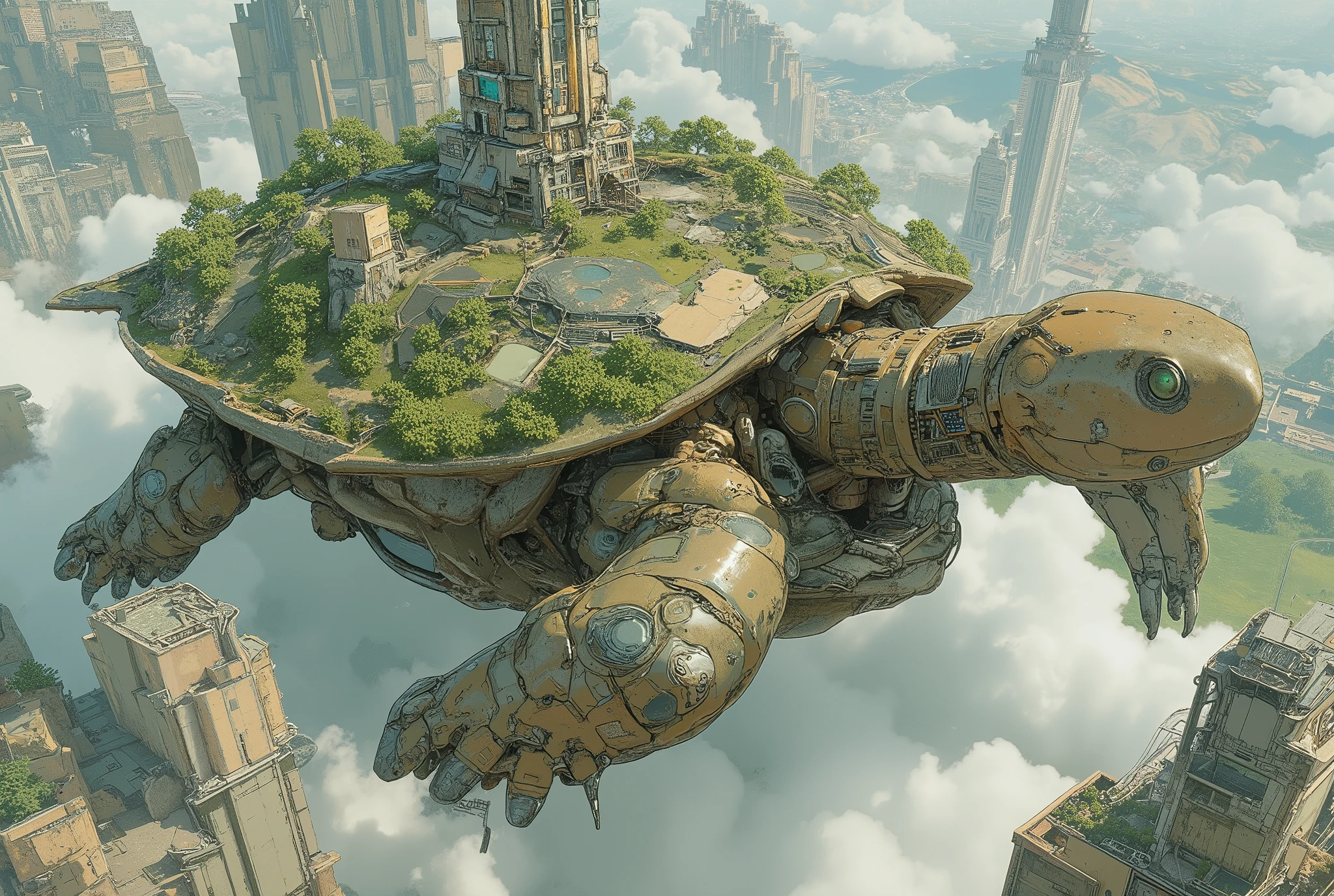 (masterpiece:1.3, top quality:1.3, detailed description:1.3, high quality:1.3),(1huge Robot Turtle\Metal body, Nature and city in harmony on a turtle shell, Beautiful luster, beautiful metal details, precision machinery, moss growing, There are buildings and houses and parks and lakes and mountains, A very developed city, The city is depicted in crisp detail, Bird's Eye View, Bird's Eye View), (A mechanical turtle gracefully swims between a futuristic floating city and a sea of clouds, The developed city floating in the air is depicted with extremely clear details, featuring skyscrapers and highways., Turtles walk on the sea of clouds)