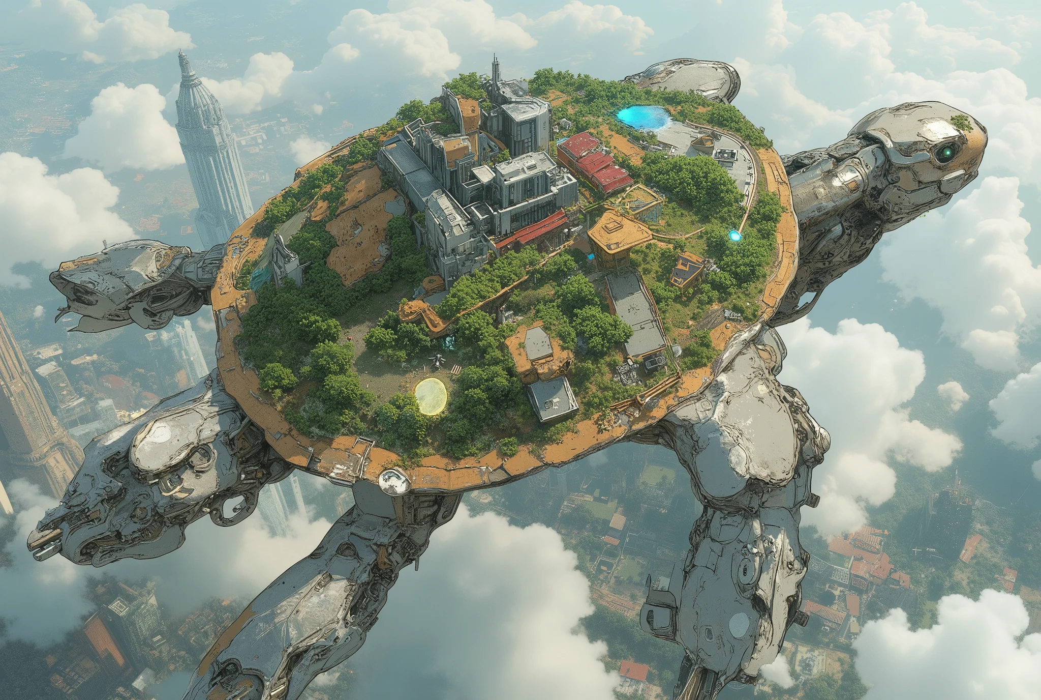 (masterpiece:1.3, top quality:1.3, detailed description:1.3, high quality:1.3),(1huge Robot Turtle\Metal body, Nature and city in harmony on a turtle shell, Beautiful luster, beautiful metal details, precision machinery, moss growing, There are buildings and houses and parks and lakes and mountains, A very developed city, The city is depicted in crisp detail, Bird's Eye View, Bird's Eye View), (A mechanical turtle gracefully swims between a futuristic floating city and a sea of clouds, The developed city floating in the air is depicted with extremely clear details, featuring skyscrapers and highways., Turtles walk on the sea of clouds)