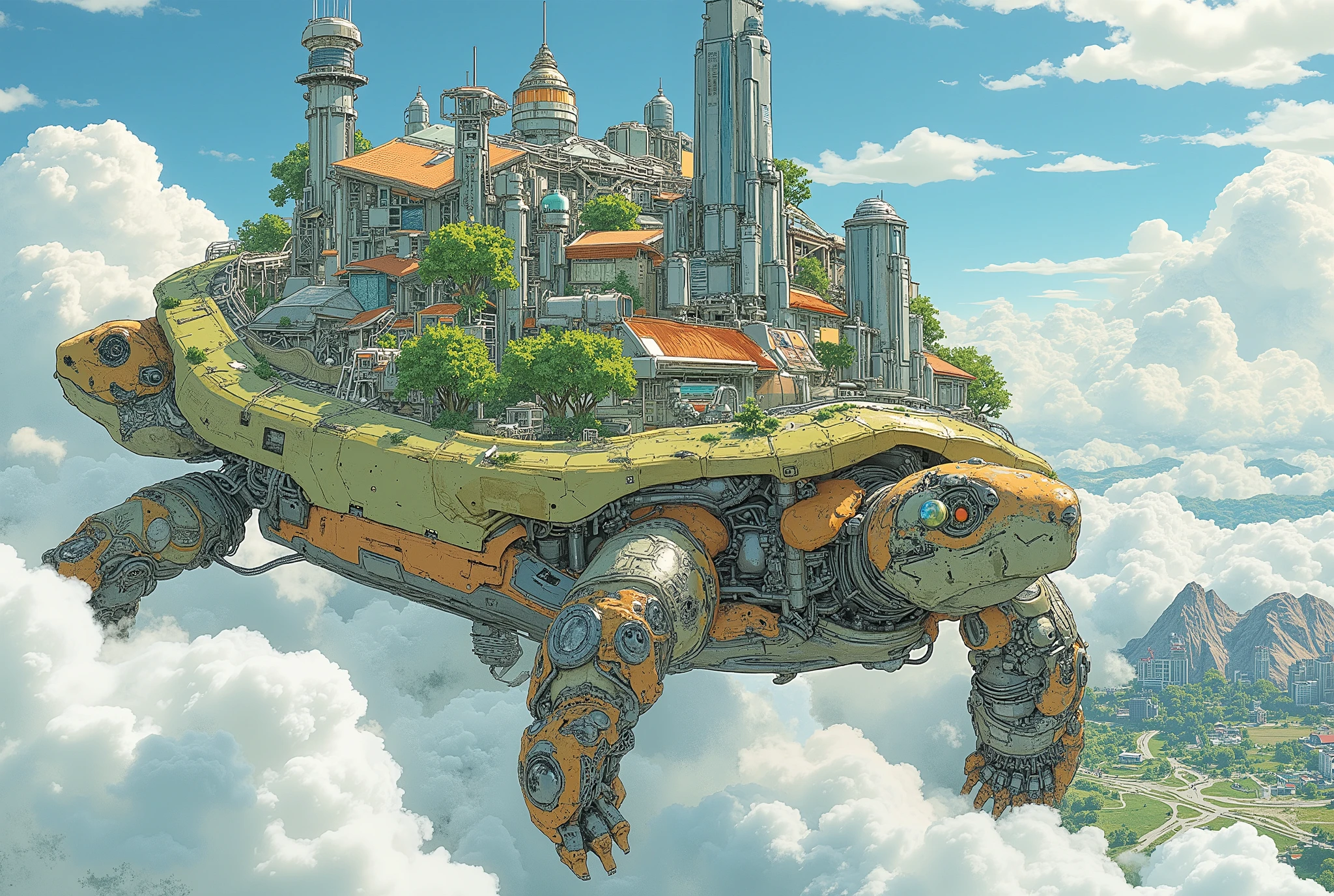 (masterpiece:1.3, top quality:1.3, detailed description:1.3, high quality:1.3),(1huge Robot Turtle\Metal body, Nature and city in harmony on a turtle shell, Beautiful luster, beautiful metal details, precision machinery, moss growing, There are buildings and houses and parks and lakes and mountains, A very developed city, The city is depicted in crisp detail, Bird's Eye View, Bird's Eye View), (A mechanical turtle gracefully swims between a futuristic floating city and a sea of clouds, The developed city floating in the air is depicted with extremely clear details, featuring skyscrapers and highways., Turtles walk on the sea of clouds)