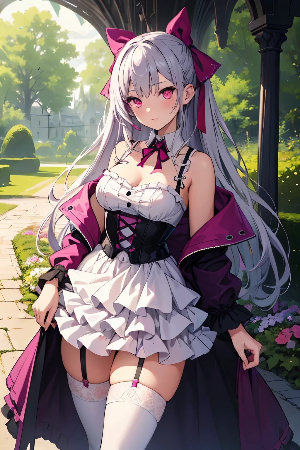 1girl, long silver hair, pink eyes, wearing a detailed gothic-style outfit featuring a short white frilly dress with a high neckline, layered with a dark magenta coat adorned with intricate designs and a bow at the collar. The outfit is complemented by black thigh-high boots with pink accents and garters, as well as a matching magenta hair ribbon with elegant details. She stands confidently in a sunlit, vibrant garden pathway surrounded by blooming flowers and trees, with a castle visible in the background. Absurdres, high res, ultrasharp, 8K, masterpiece, intricate details, fantasy atmosphere