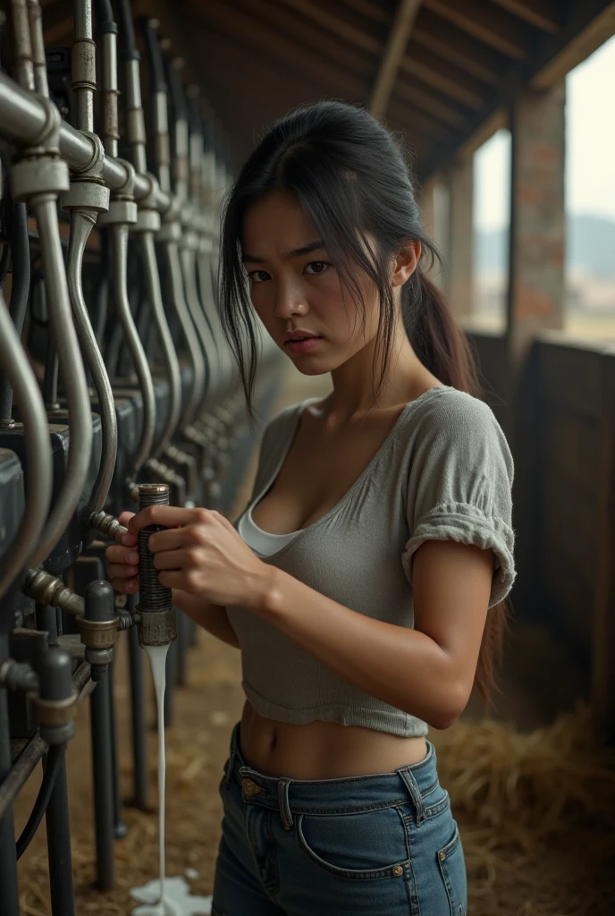 ((Best Quality, 8k, Masterpiece: 1.0)),Rawphoto,(Photorealistic:1.2), High Quality, High Definition,Japan,),((( 11 women in a row:1.2))),(((full body))),((looking at the viewer)),(muscular:1.1), (around 40 years old ),black hair,(drooping huge breast:1.1),look down on with disdain,((arms behind head, spread legs, squatting, nude, beautiful armpits),),(thorough, tall, raw very detailed, sexual arousal, sexual expression,{farm| Large crowds},???????, nude,Showing off,(Beautie,  Detailed oil-based porcelain skin),Lewd eyes, narrow her eyes,Pose Seductive,Wearing Udder milking machine,Milk, lactating
