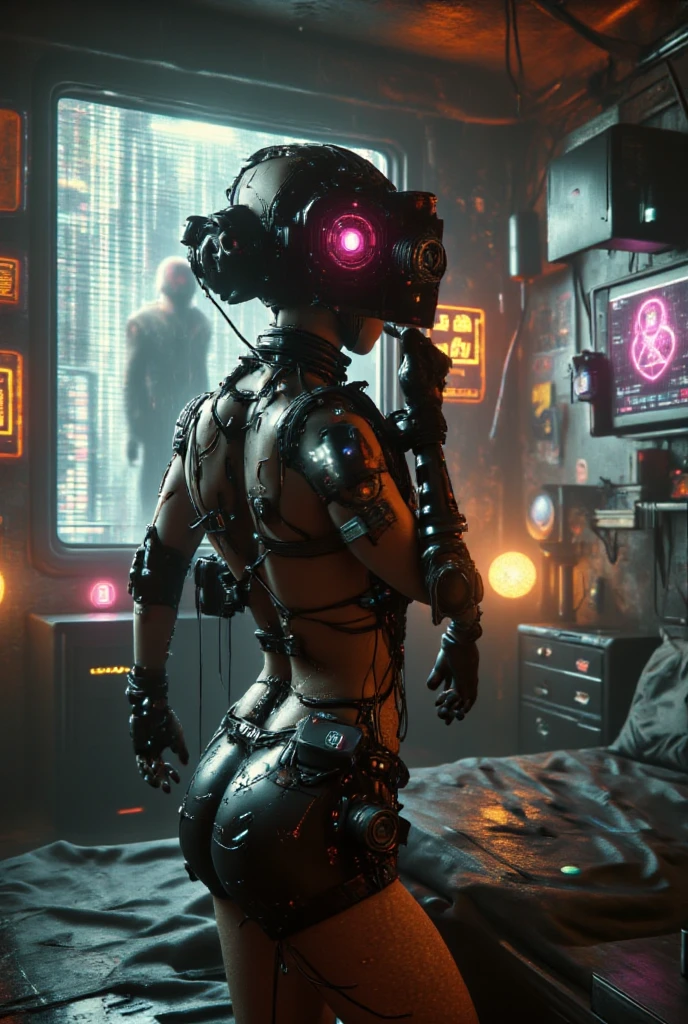 scarlett johansson, Top Quality, Masterpiece, Ultra High Resolution, (Photorealistic: 1.4), Raw Photo, 1 Girl, Blonde Hair, Glossy Skin, 1 Mechanical Girl, (Ultra Realistic Details)), Standing in cyberpunk Jail Cell, Global Illumination, Shadows, Octane Rendering, 8K, Ultra Sharp, Big, Cleavage Exposed Raw Skin, Metal, Intricate Ornament Details, Egyptian Details, Very intricate details, realistic light, CGSoation trend, purple eyes, glowing eyes, facing the camera, neon details, mechanical limbs, blood vessels connected to the tube, mechanical vertebrae attached to the back, mechanical cervical attachment to the neck, sitting, wires and cables connecting to the head, evangelion, small LED lamp, bright red Hitomi, indoor, (on_back), avrola prisoner, metal collar, shackles, slave, chains, shackles