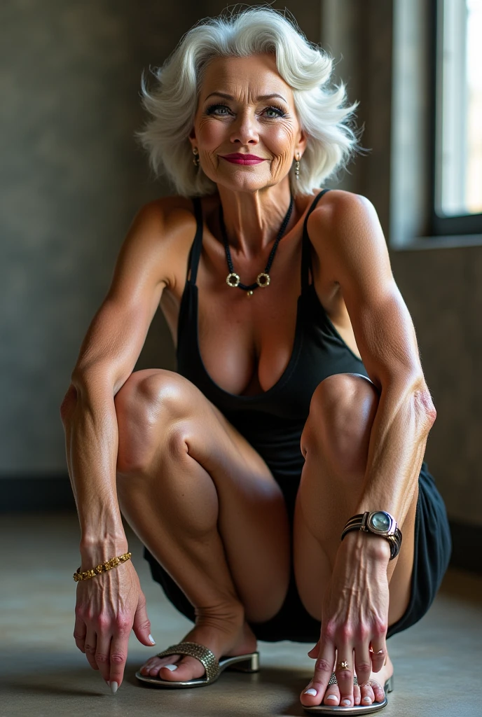 (In 8K, RAW photo, ultra high resolution, highest quality, masterpiece:1.2), (realistic illustration), (Highly detailed CG Unity 8K wallpaper), 35mm film, professional lighting, 1 Japanese female, Beautiful woman, ((70 year old white haired mature woman)), (Real face of 70 years old), long hair, wrinkles due to aging, wrinkles around the eyes, wrinkles on the neck, big breasts, delicate fingers, shy smile, realistic teeth, smile, (black normal bikini), ((Sitting position with knees up and arms holding both legs)), indoor living room