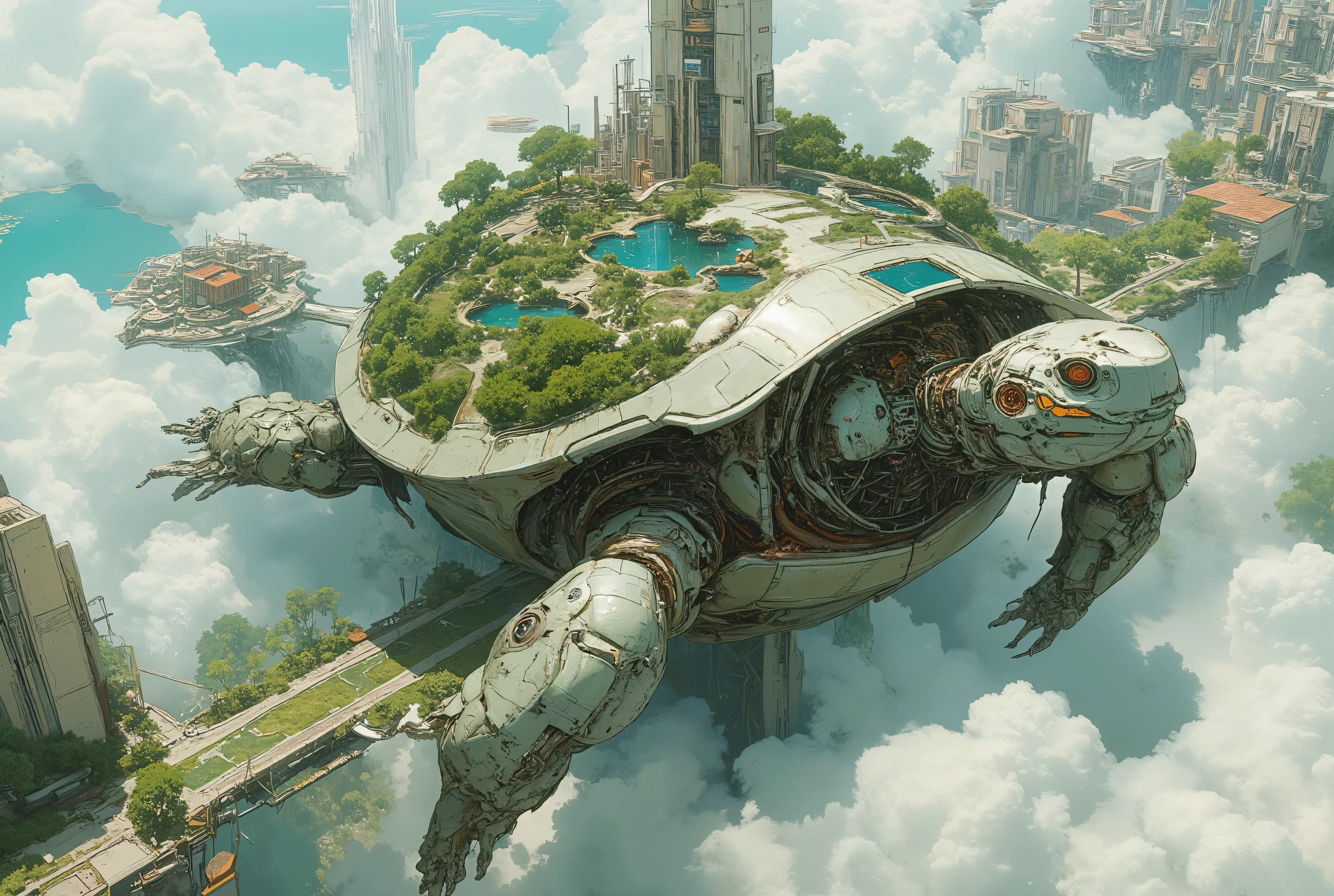(masterpiece:1.3, top quality:1.3, detailed description:1.3, high quality:1.3),(1huge Robot Turtle\Metal body, Nature and city in harmony on a turtle shell, Beautiful luster, beautiful metal details, precision machinery, moss growing, There are buildings and houses and parks and lakes and mountains, A very developed city, The city is depicted in crisp detail, Bird's Eye View, Bird's Eye View), (A mechanical turtle gracefully swims between a futuristic floating city and a sea of ​​clouds, The developed city floating in the air is depicted with extremely clear details, featuring skyscrapers and highways., Turtles walk on the sea of ​​clouds)