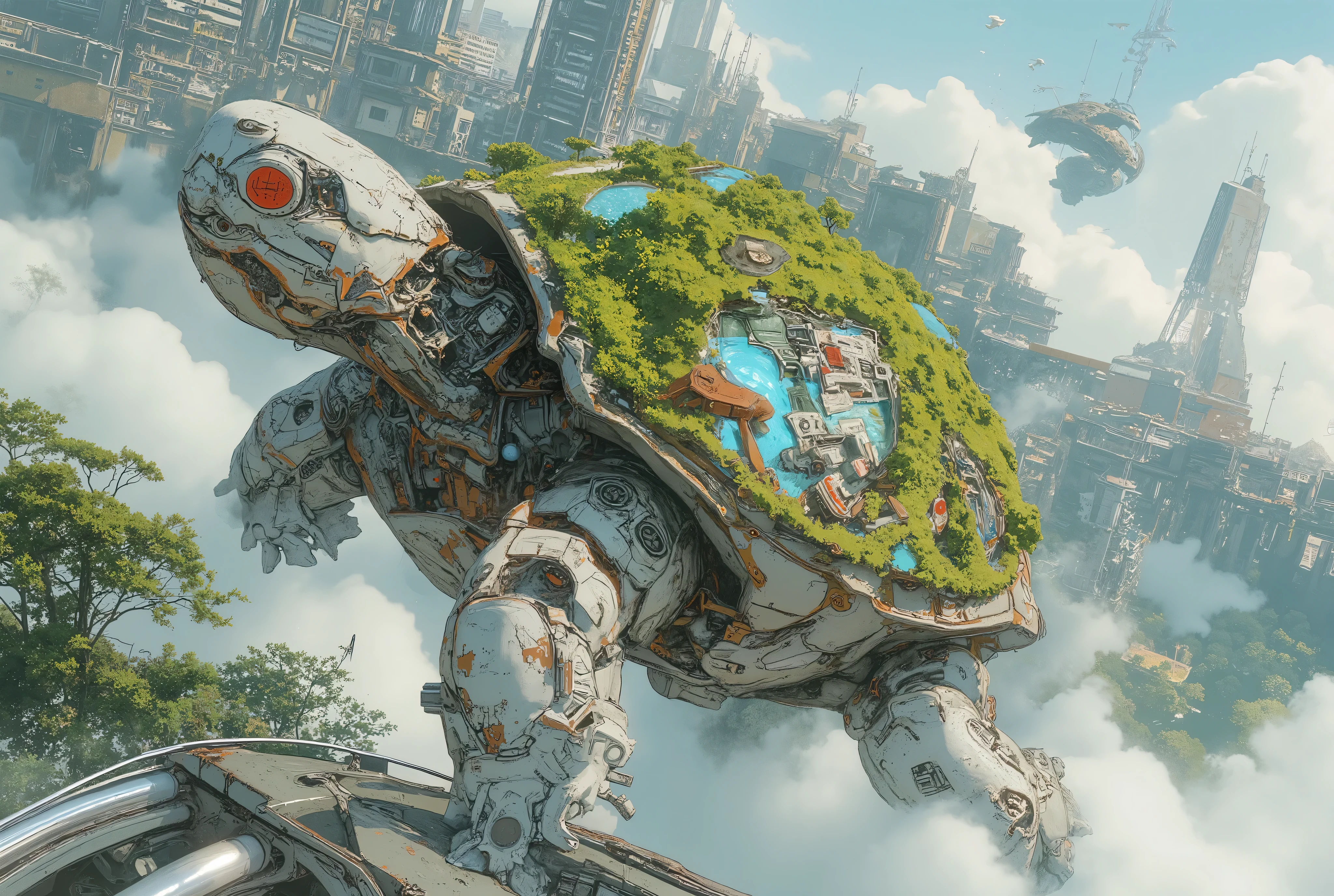 (masterpiece:1.3, top quality:1.3, detailed description:1.3, high quality:1.3),(1huge Robot Turtle\Metal body, Nature and city in harmony on a turtle shell, Beautiful luster, beautiful metal details, precision machinery, moss growing, There are buildings and houses and parks and lakes and mountains, A very developed city, The city is depicted in crisp detail, Bird's Eye View, Bird's Eye View), (A mechanical turtle gracefully swims between a futuristic floating city and a sea of ​​clouds, The developed city floating in the air is depicted with extremely clear details, featuring skyscrapers and highways., Turtles walk on the sea of ​​clouds)