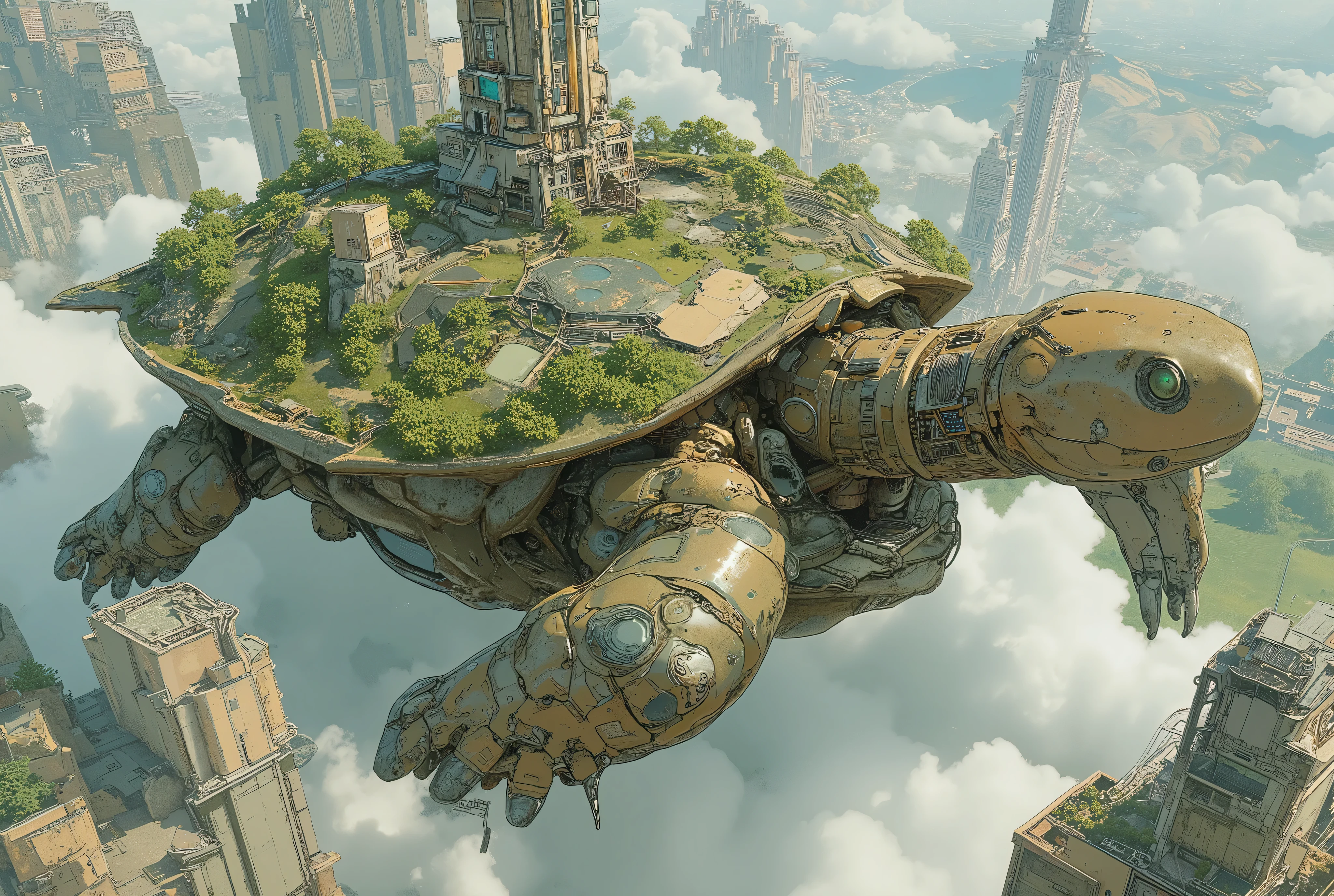 (masterpiece:1.3, top quality:1.3, detailed description:1.3, high quality:1.3),(1huge Robot Turtle\Metal body, Nature and city in harmony on a turtle shell, Beautiful luster, beautiful metal details, precision machinery, moss growing, There are buildings and houses and parks and lakes and mountains, A very developed city, The city is depicted in crisp detail, Bird's Eye View, Bird's Eye View), (A mechanical turtle gracefully swims between a futuristic floating city and a sea of ​​clouds, The developed city floating in the air is depicted with extremely clear details, featuring skyscrapers and highways., Turtles walk on the sea of ​​clouds)