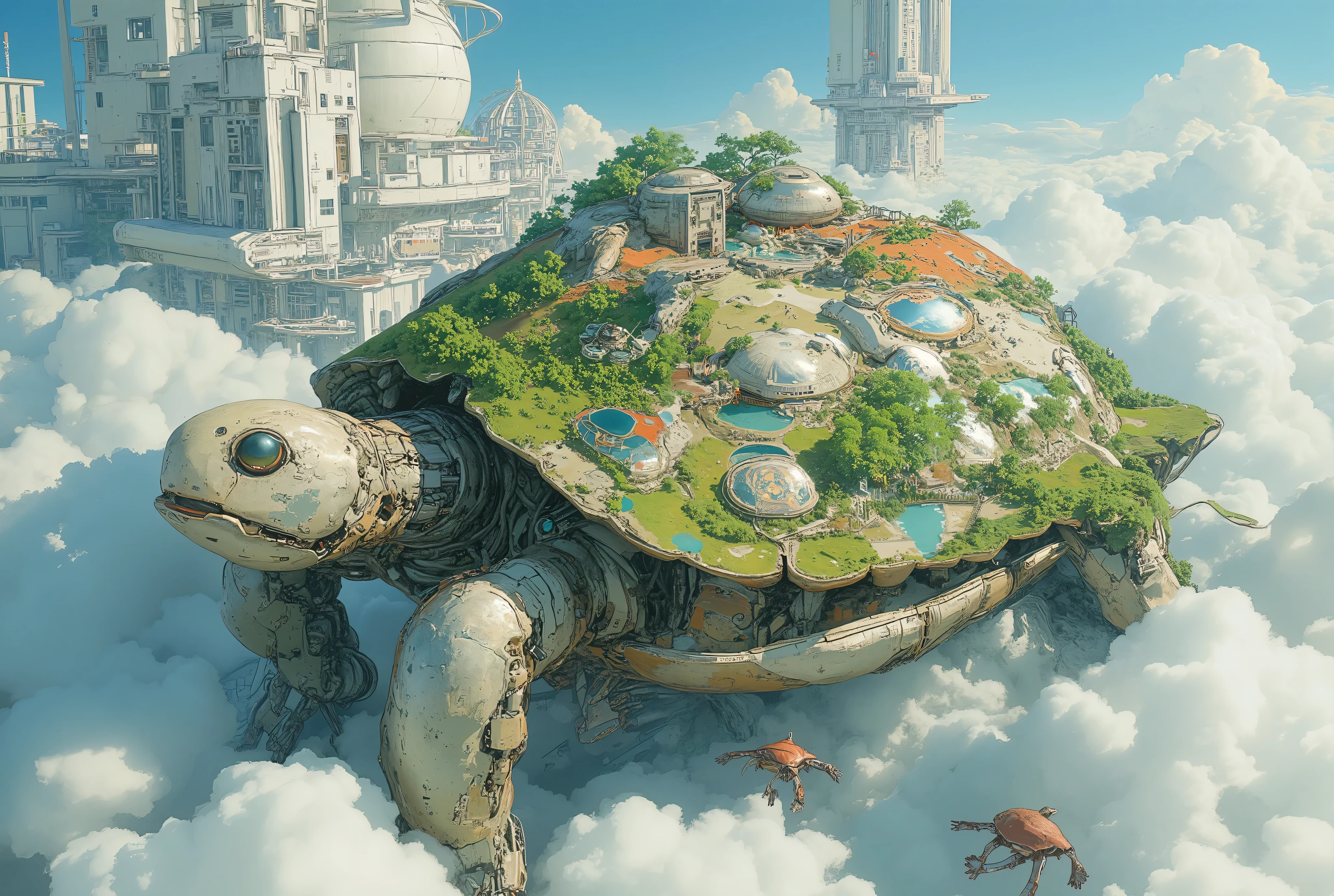 (masterpiece:1.3, top quality:1.3, detailed description:1.3, high quality:1.3),(1huge Robot Turtle\Metal body, Nature and city in harmony on a turtle shell, Beautiful luster, beautiful metal details, precision machinery, moss growing, There are buildings and houses and parks and lakes and mountains, A very developed city, The city is depicted in crisp detail, Bird's Eye View, Bird's Eye View), (A mechanical turtle gracefully swims between a futuristic floating city and a sea of ​​clouds, The developed city floating in the air is depicted with extremely clear details, featuring skyscrapers and highways., Turtles walk on the sea of ​​clouds)