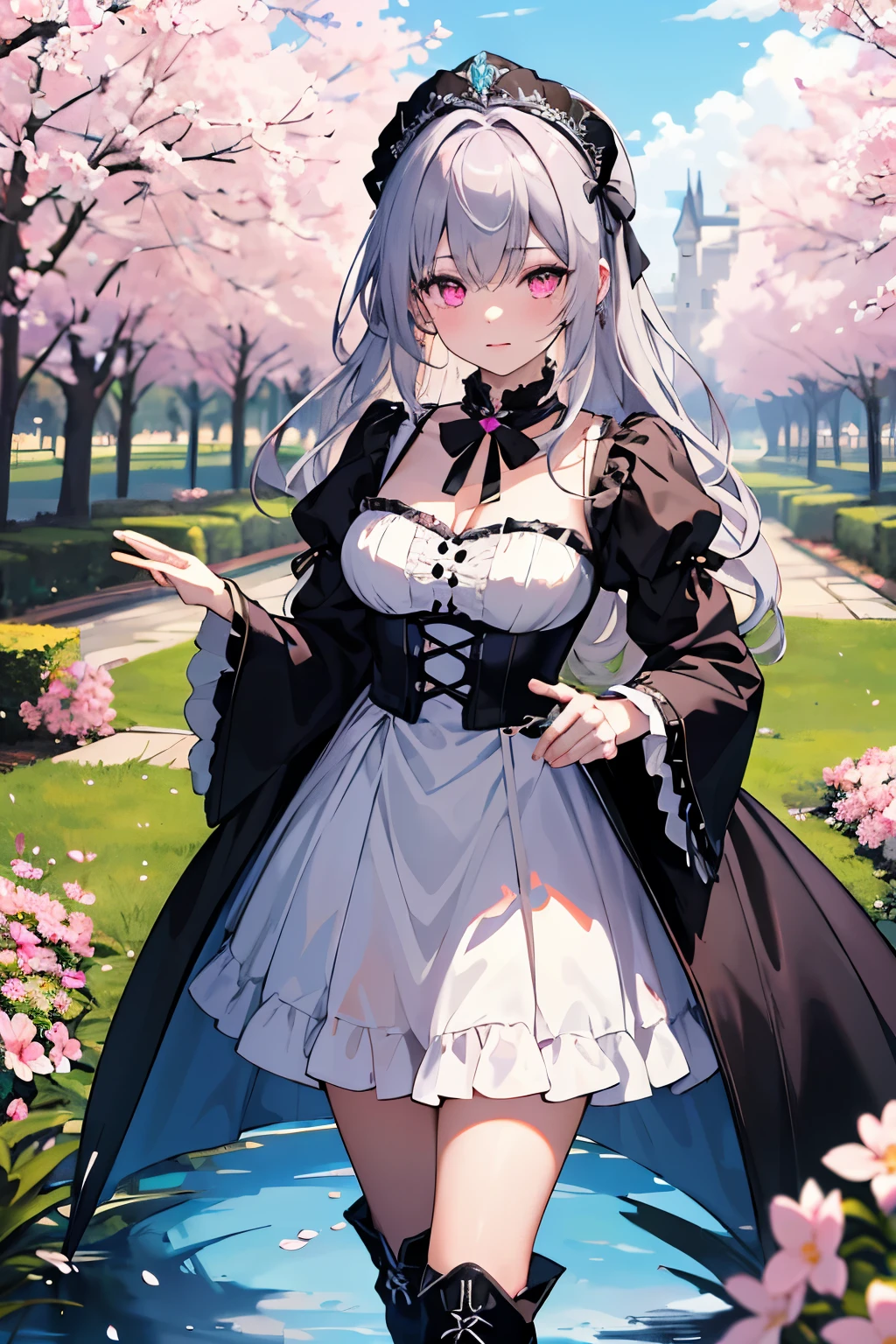 1girl, long flowing silver hair with soft waves, vibrant pink eyes with a confident and alluring expression, dressed in an elegant and intricate gothic-style ensemble. She wears a short, frilly white dress with delicate ruffles and lace details, paired with a deep magenta long coat featuring glossy fabric, dramatic bell sleeves, and ornate embellishments. A magenta bow adorns her neck, matching her ribbon headpiece tied elegantly in her hair. Her thigh-high black boots are embellished with pink accents and garters, seamlessly blending sophistication and charm. The setting is a dreamy, sunlit garden path surrounded by vibrant blooming flowers, cherry blossom trees, and a tranquil, crystal-clear stream. In the distance, a majestic fairytale-like castle rises against the backdrop of a serene blue sky. The atmosphere is enchanting and vibrant, with intricate lighting and vivid colors. Absurdres, high res, ultrasharp, 8K, masterpiece, highly detailed, ethereal and magical ambiance.