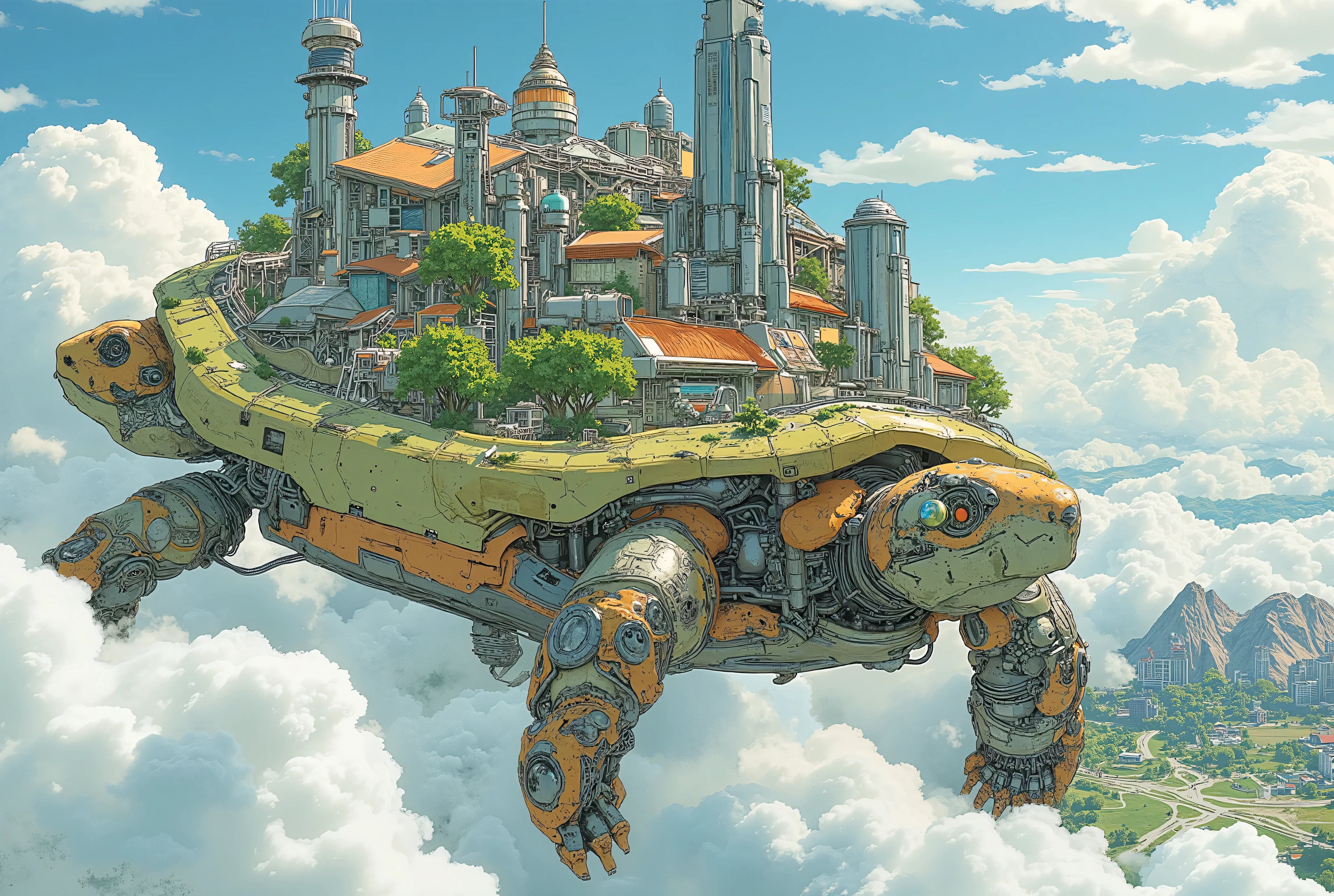(masterpiece:1.3, top quality:1.3, detailed description:1.3, high quality:1.3),(1huge Robot Turtle\Metal body, Nature and city in harmony on a turtle shell, Beautiful luster, beautiful metal details, precision machinery, moss growing, There are buildings and houses and parks and lakes and mountains, A very developed city, The city is depicted in crisp detail, Bird's Eye View, Bird's Eye View), (A mechanical turtle gracefully swims between a futuristic floating city and a sea of ​​clouds, The developed city floating in the air is depicted with extremely clear details, featuring skyscrapers and highways., Turtles walk on the sea of ​​clouds)