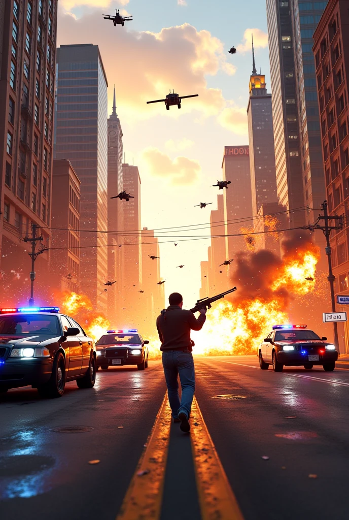 A guy wearing black jacket and sunglasses, aiming with a gun to the right, mad max style, shoot from behind of the guy