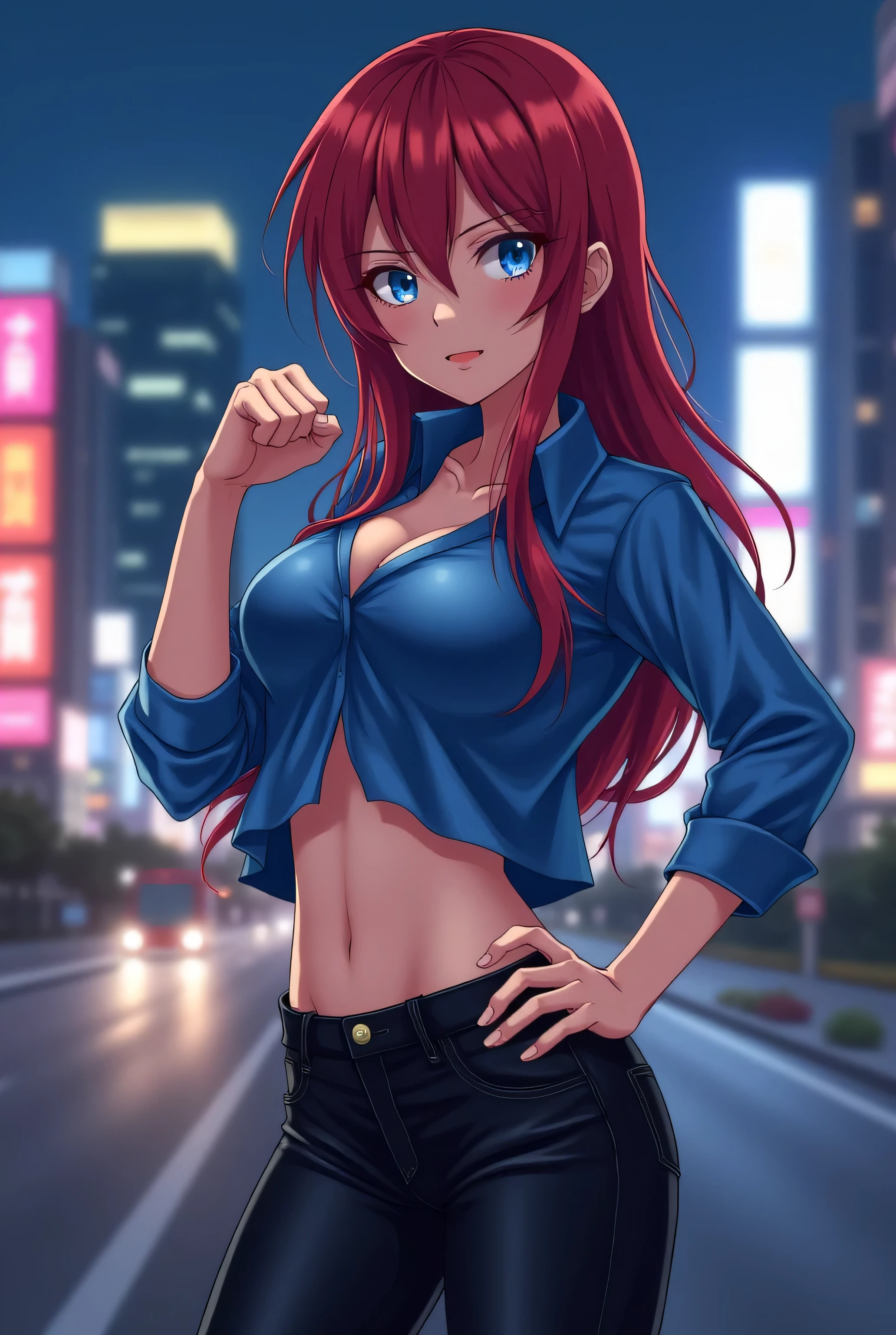 Bewitching anime busty woman in blue suit and tight skirt、Pink eyes、Black tights,Inviting look、Show off your chest、The bra is only slightly visible、Shirt and long red hair,Ecchi anime style,  bending forward,Kamimei,Red Light District at Night,neons、Bokeh in the background